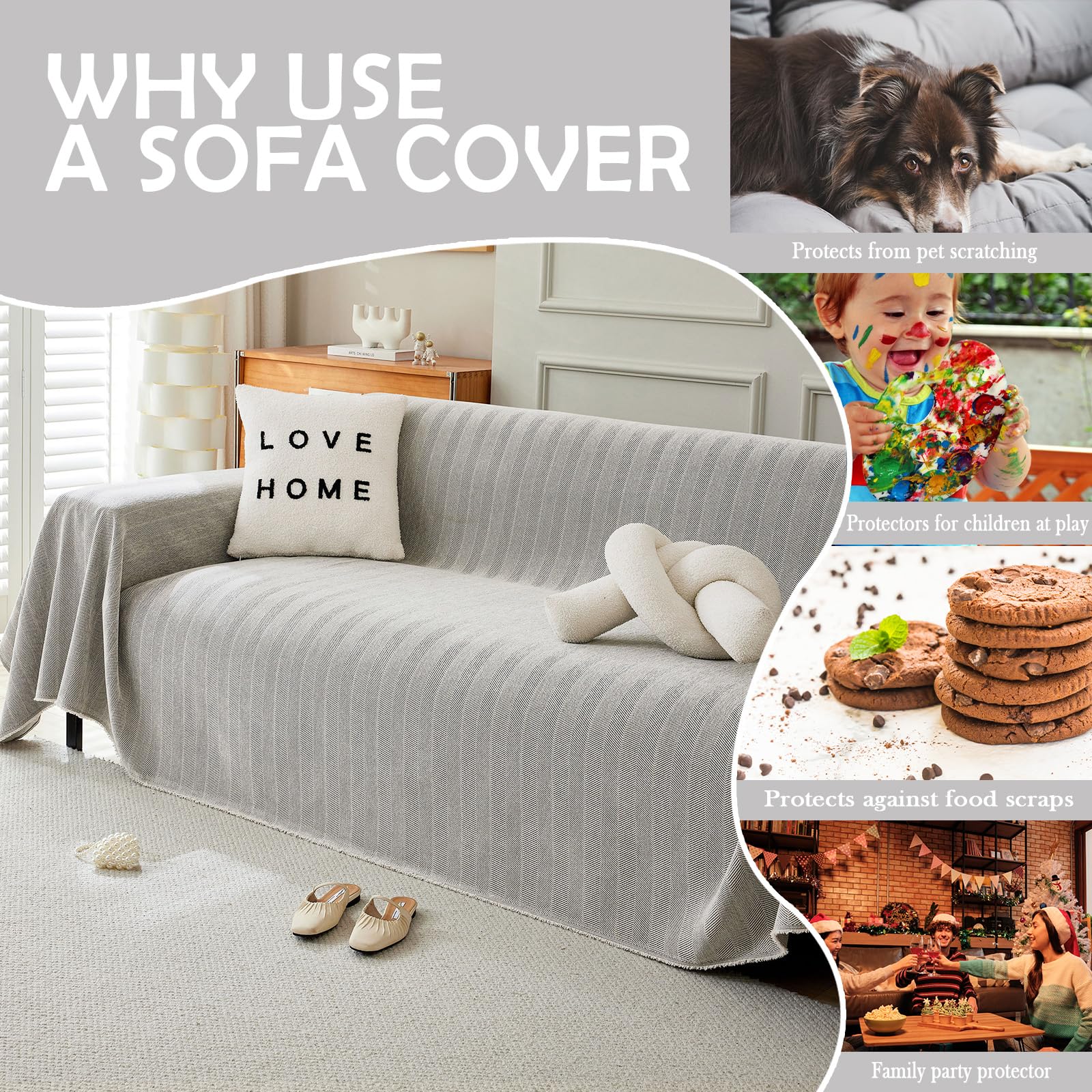 Handontime Grey Sofa Cover For Couch Boho Couch Cover For 3 Seat Couch Dog Couch Cover Love Seat Couch Covers Light Grey Sofa Sectional Cover 91' X134' Tassel Chenille Herringbone Sofa Covers