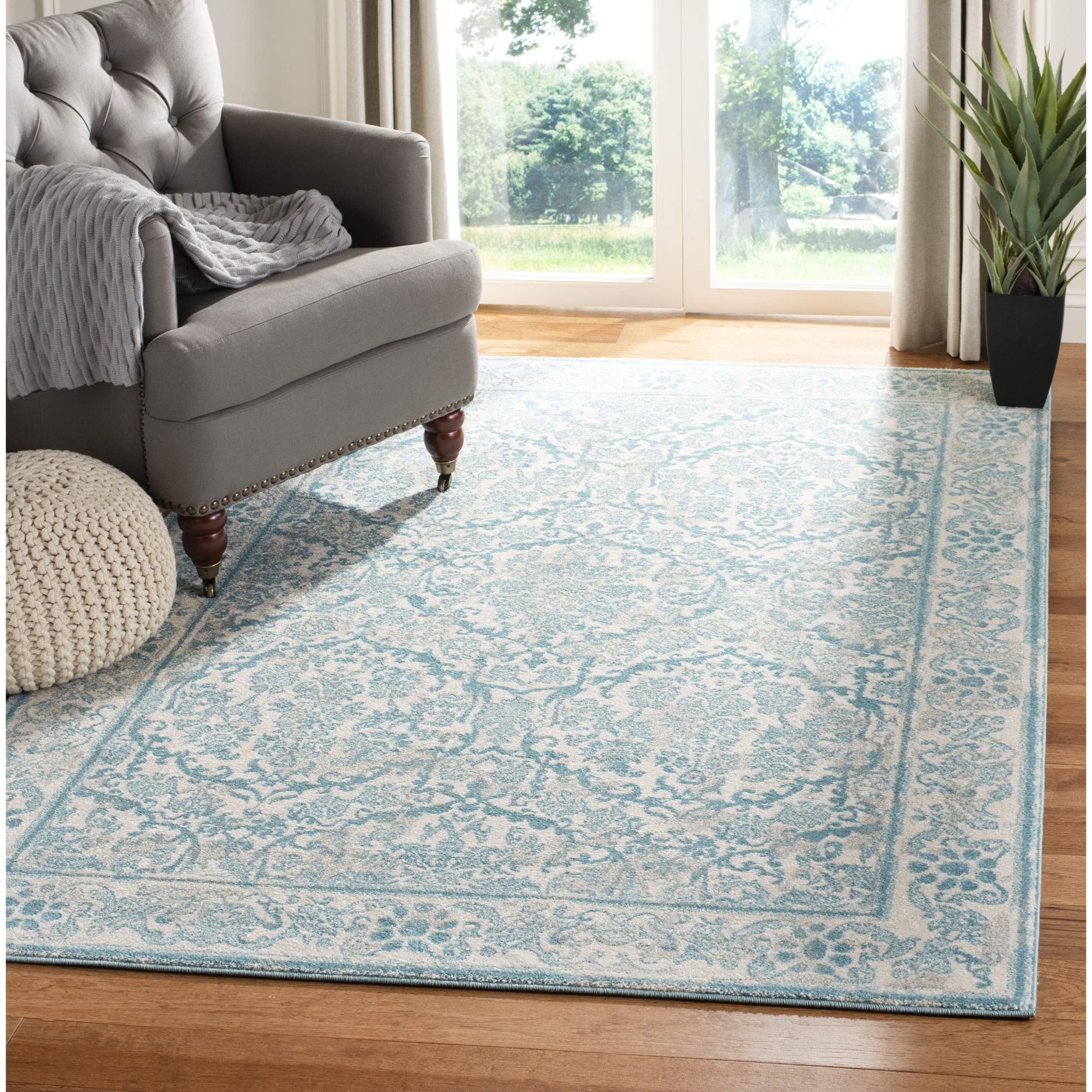 SAFAVIEH Evoke Collection 67 x 9 Ivory / Light Blue EVK242C Non-Shedding Living Room Bedroom Dining Home Office Area Rug