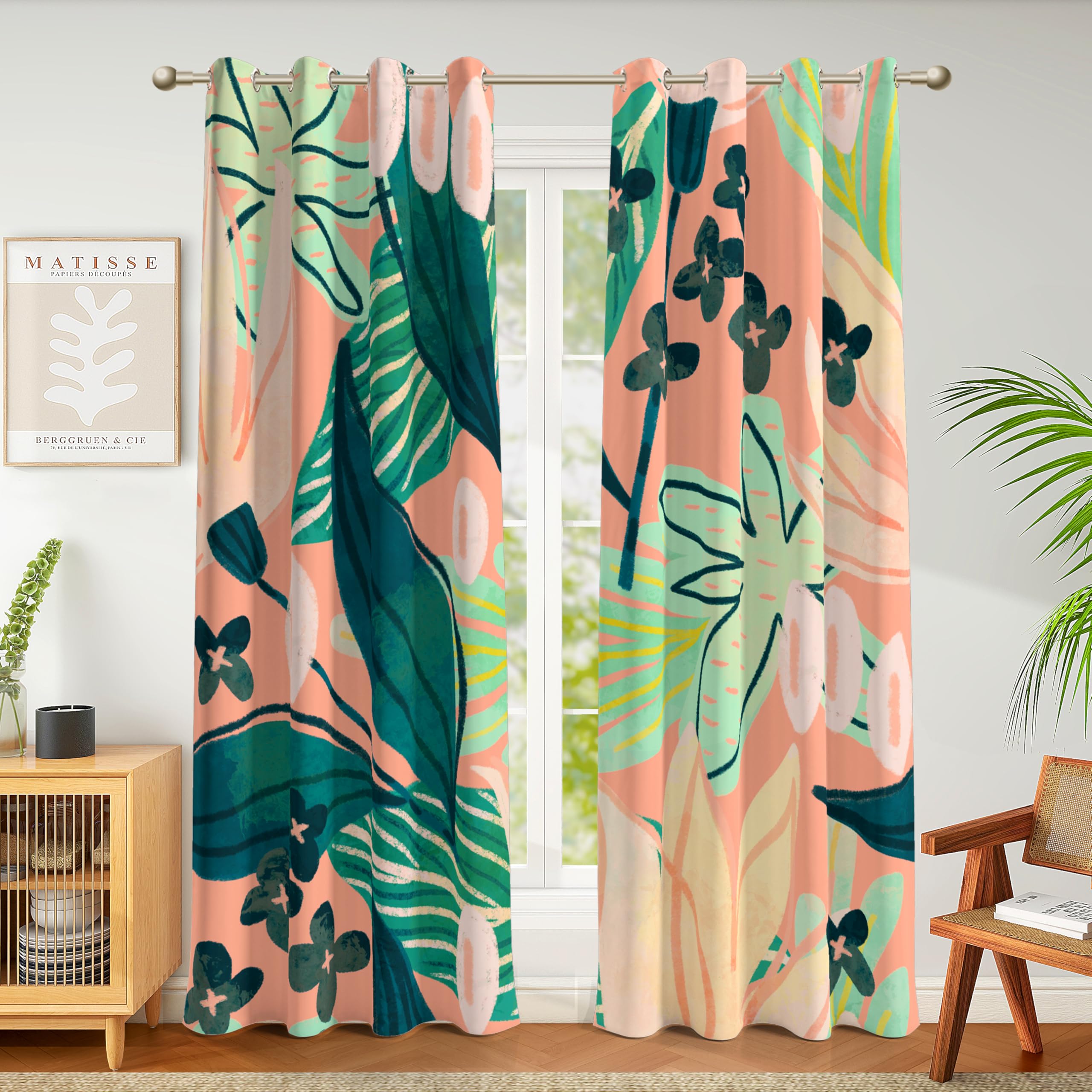 Tyrot 100% Blackout Boho Floral Curtains Fo Bedroom 63 Inch Long 2 Panels Mid Century Botanical Black Out Curtains For Living Ro