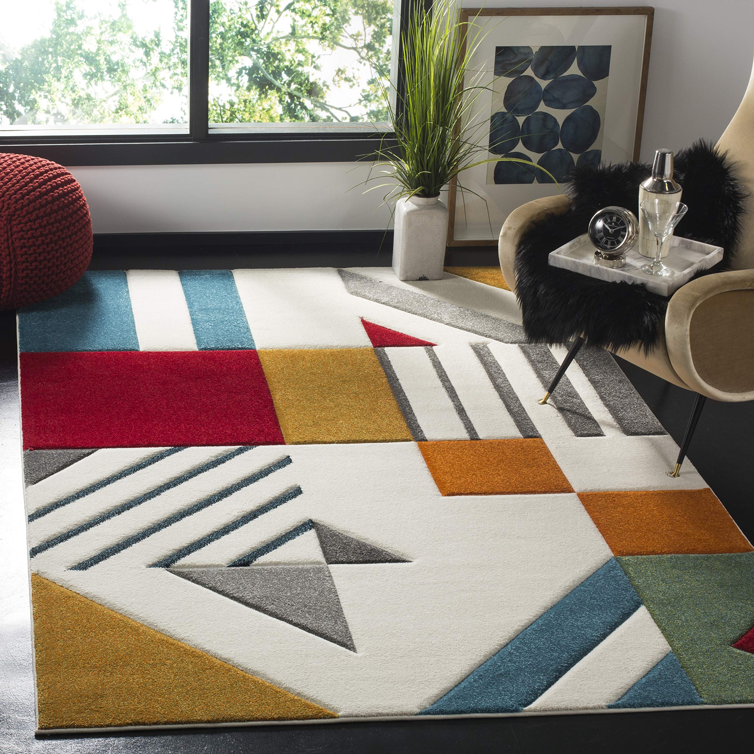 SAFAVIEH Hollywood Collection Accent Rug - 23 x 4, Ivory & Peacock Blue, Mid-Century Modern Design, Non-Shedding & Easy Care, 
