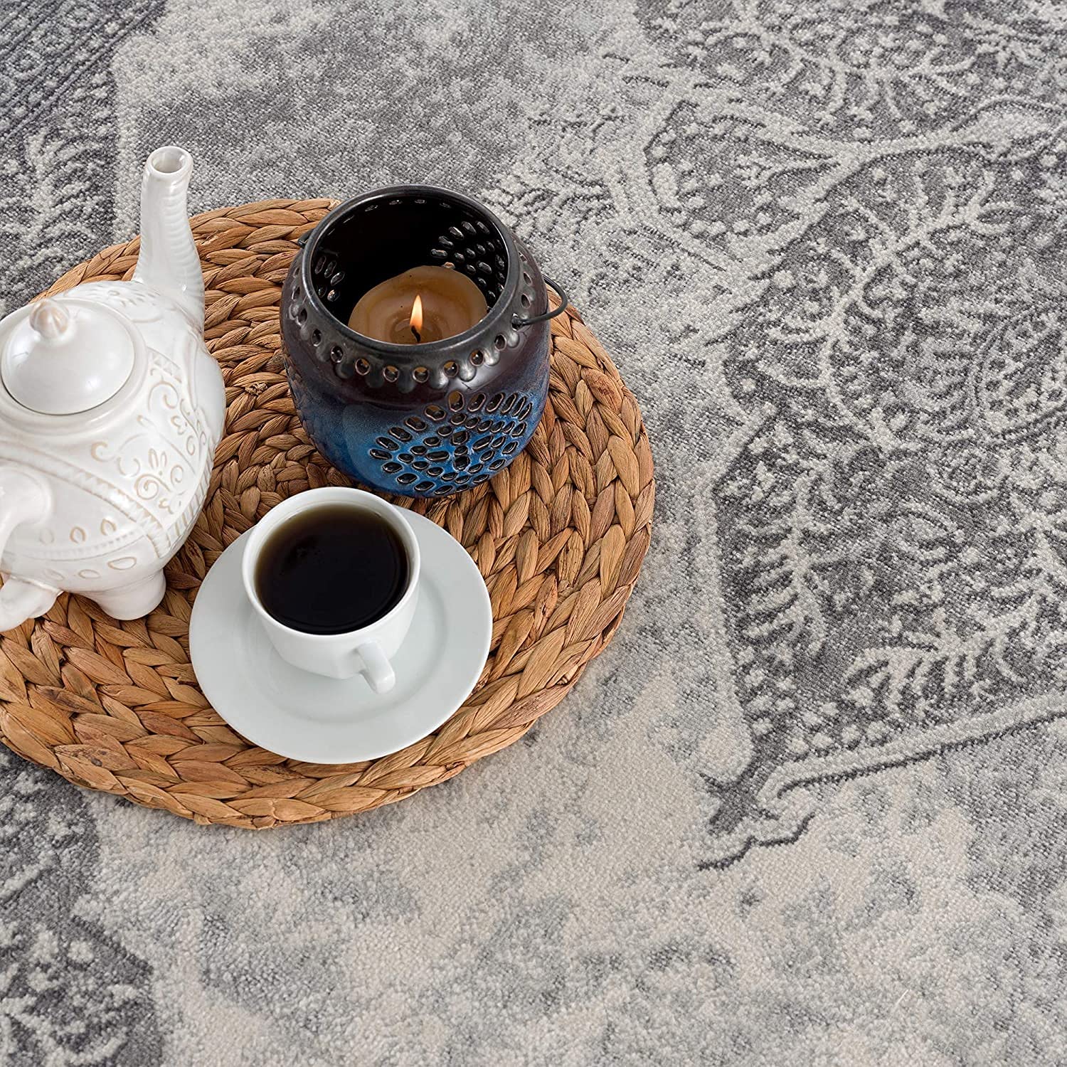 HomeRoots Grey 100% Polypropylene 2’ x 6’ Gray Distressed Medallion Area Rug