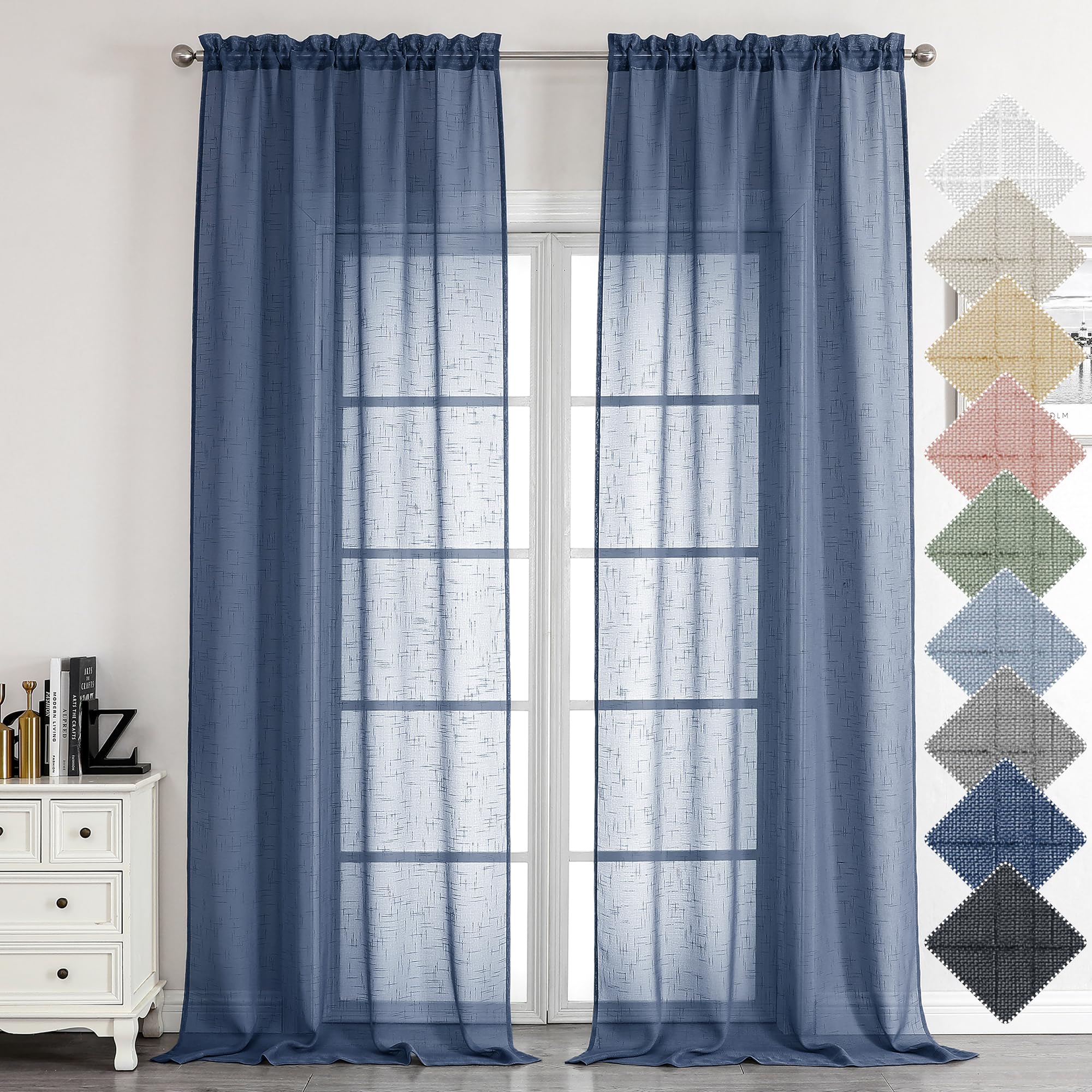 Aiyufeng Navy Blue Long Sheer Curtains - Slub Texture Semi Sheer Window Covering, Light & Airy Privacy Sheer Panels For Bedroom