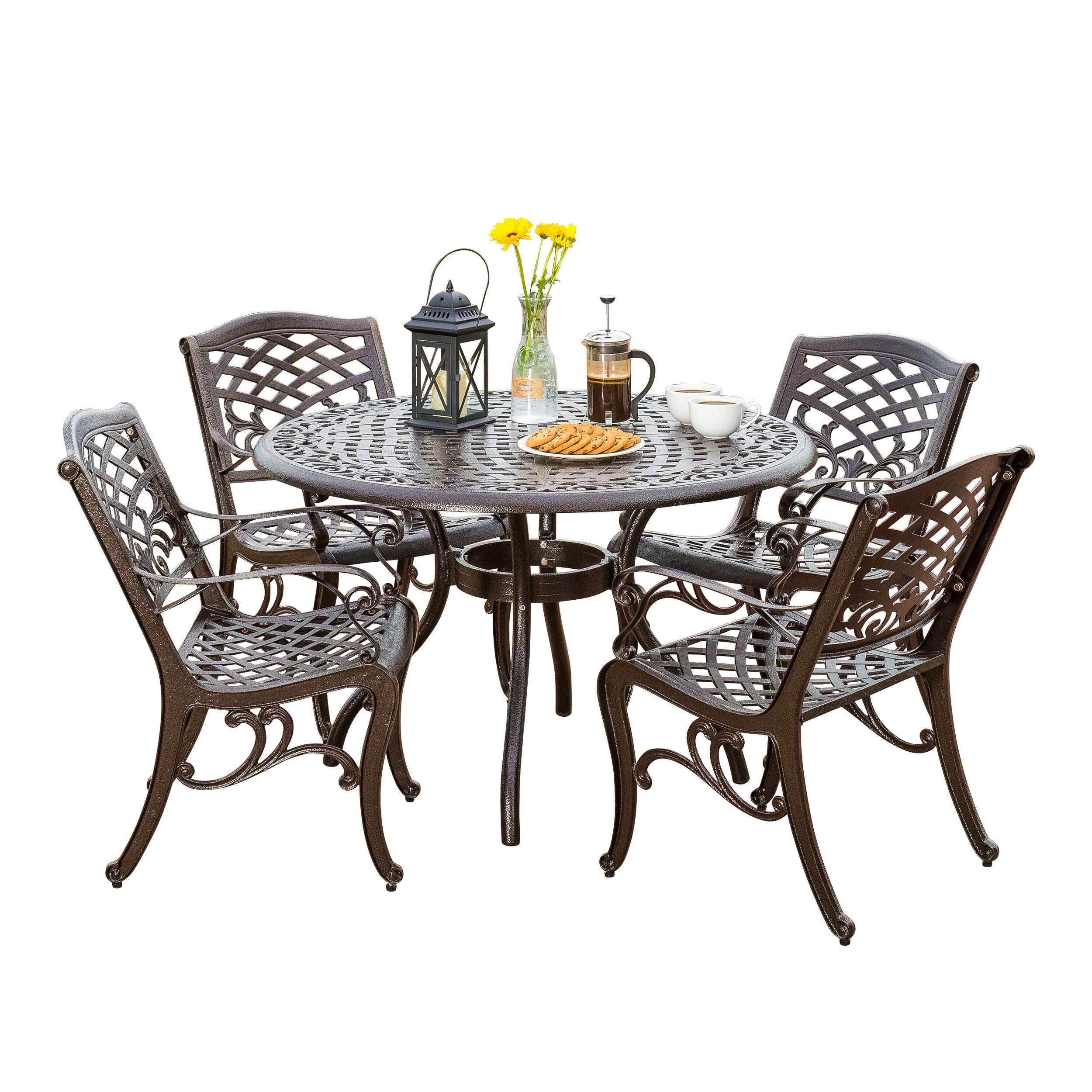 Christopher Knight Home Hallandale Outdoor Cast Aluminum Dining Set For Patio Or Deck, 5-Pcs Set, Hammered Bronze