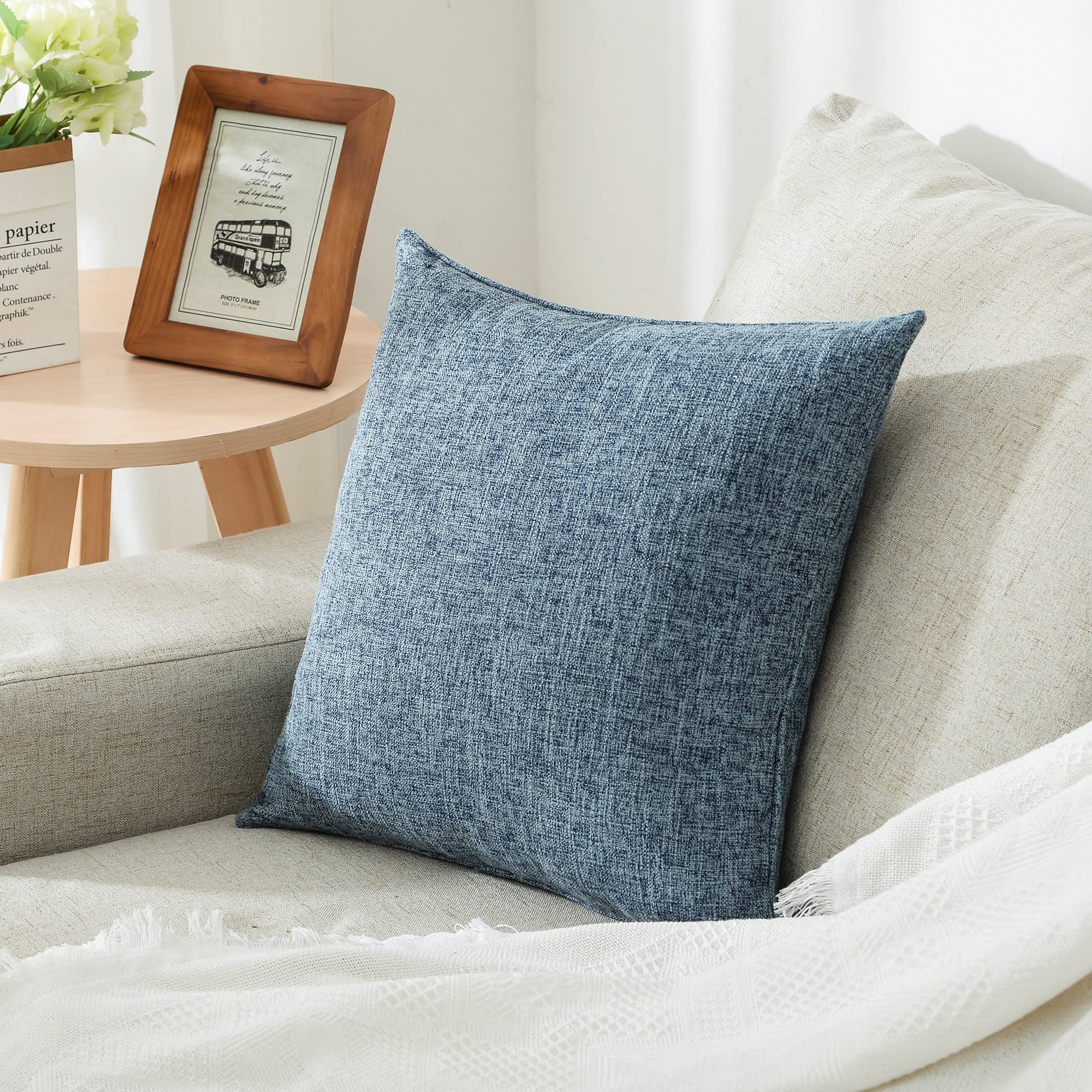 Hpuk Linen Throw Pillow Covers Pack Of 2, 20X20 Inch Accent Cushion Covers For Living Room, Bedroom, Decorative Solid Color Pillow Covers For Couch, Sofa, Chair, Blue
