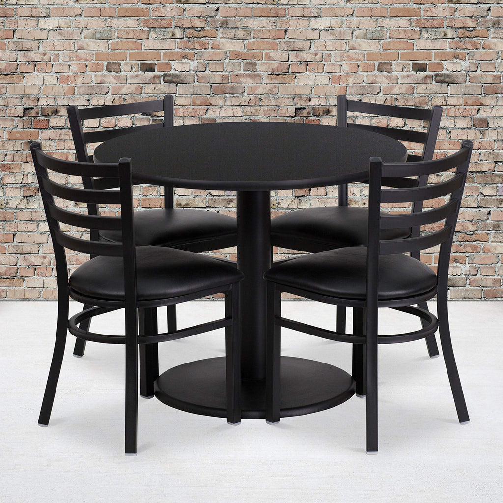 Flash Furniture 36'' Round Black Laminate Table Set With Round Base And 4 Ladder Back Metal Chairs - Black Vinyl Seat