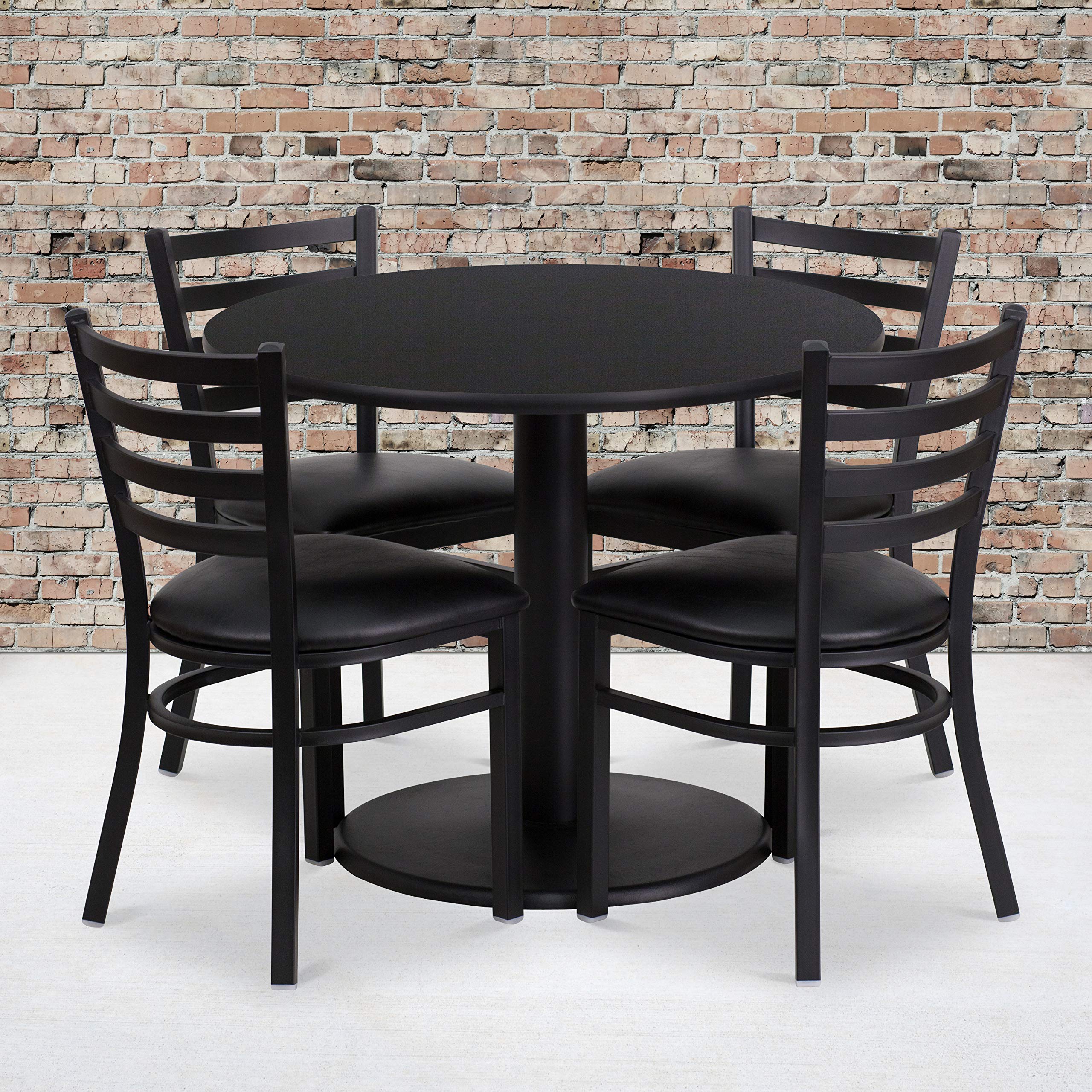 Flash Furniture 36'' Round Black Laminate Table Set With Round Base And 4 Ladder Back Metal Chairs - Black Vinyl Seat