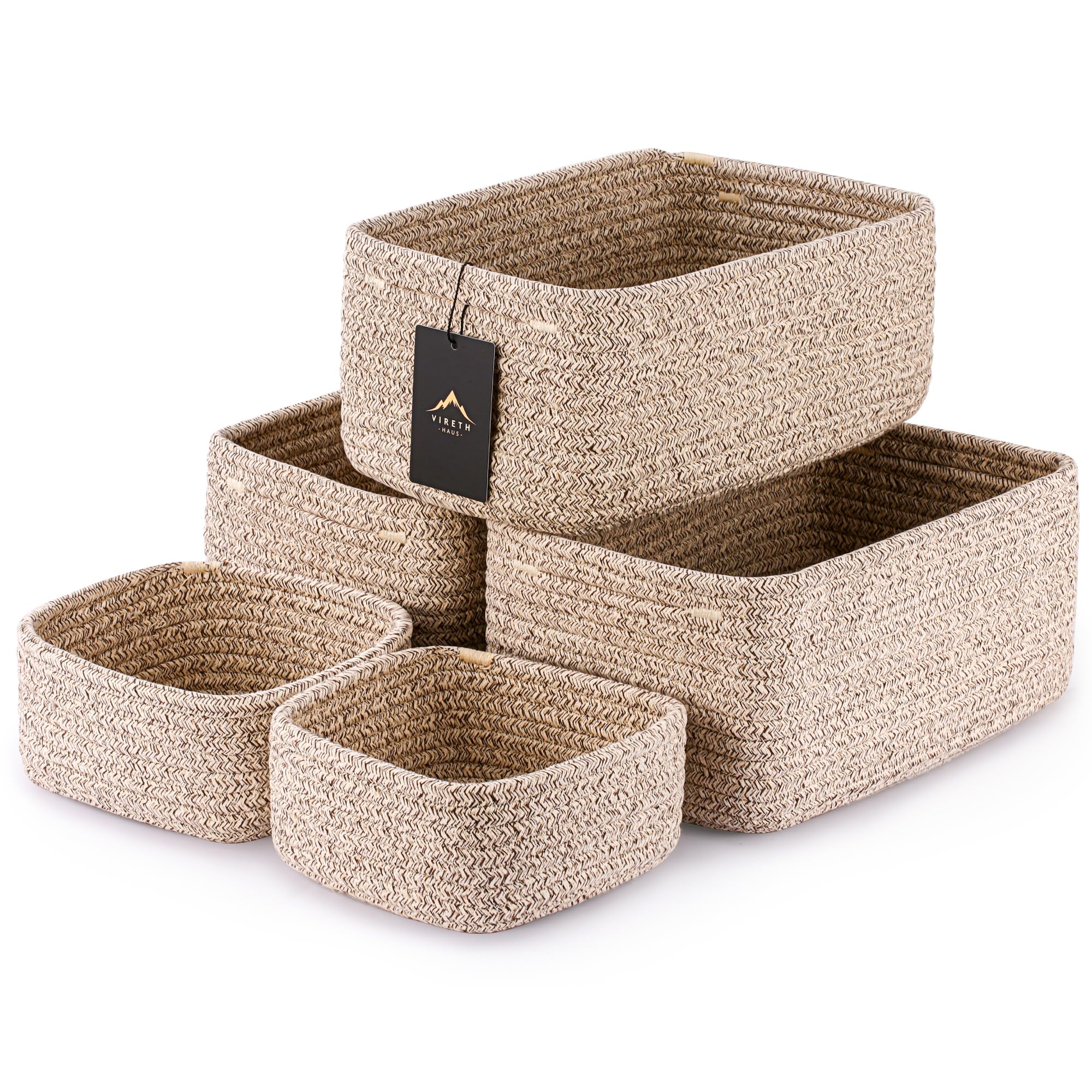 VIRETH HAUS 5-Pack Small Woven Rope Storage Baskets - 2 Sizes Organizer Bins for Closet, Shelf, Bookshelf, Nursery, Changing Tab