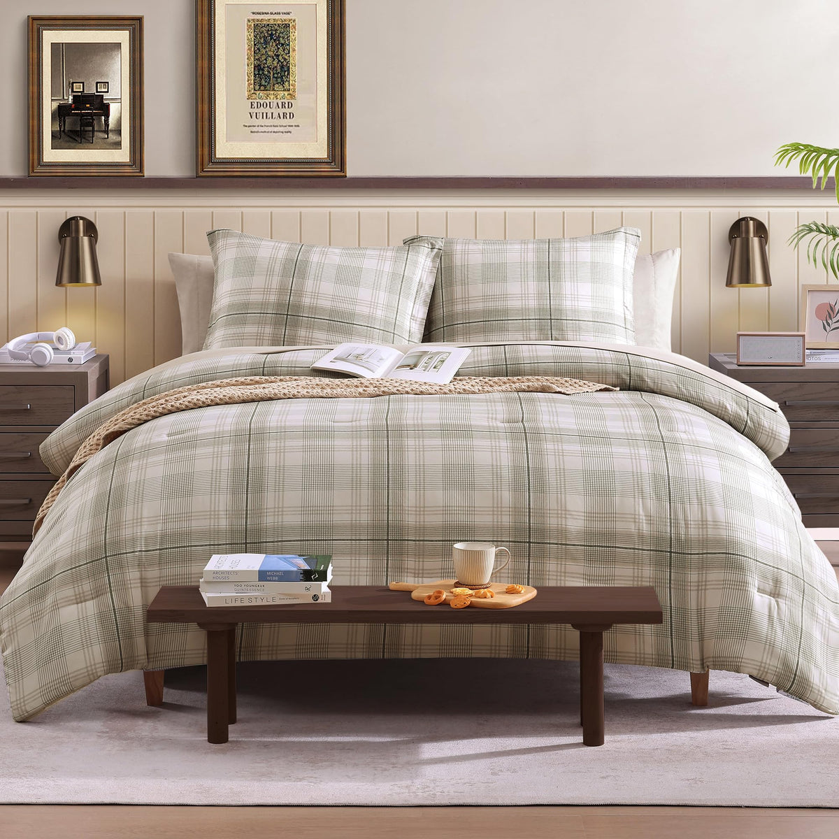 Amberspace Beige Queen Bed Set, Khaki Green Plaid Comforters Queen Size For Boys & Girls,Classic Homestead-Style Queen Size Comf