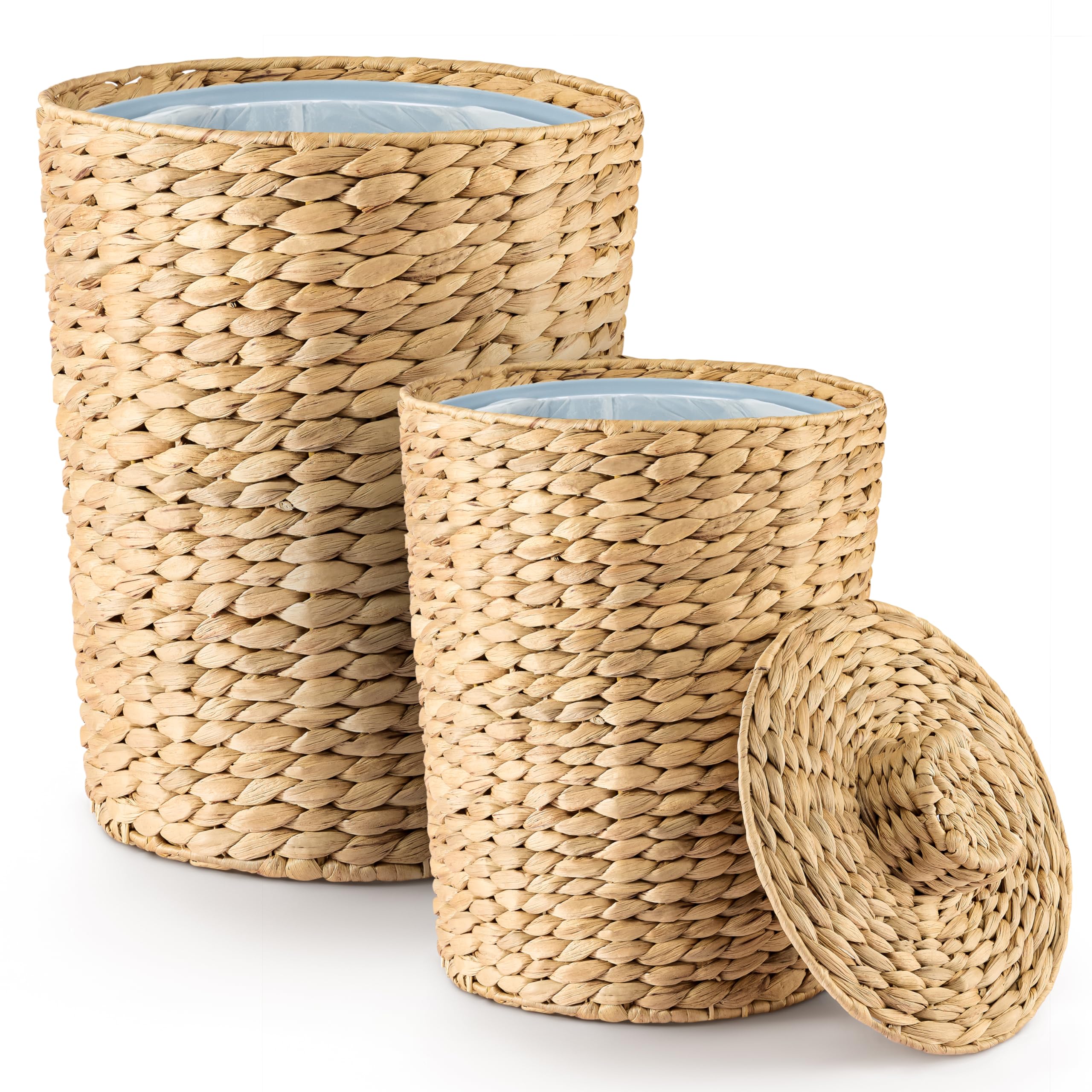 Tidita Set of 2 Wicker Trash Can with Lid - Water Hyacinth Wicker Waste Basket for Bathroom - Bathroom Garbage Can with a Lid - 