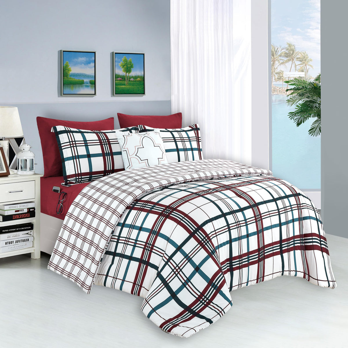 Elegant Comfort Silky Soft 8-Piece Plaid Lodge Bed-In-A-Bag Comforter Set, Includes 4Pc Smart Sheet Set, Comforter, Decorative Pillow, Matching Pillowcases And Shams - Full/Queen, Burgundy