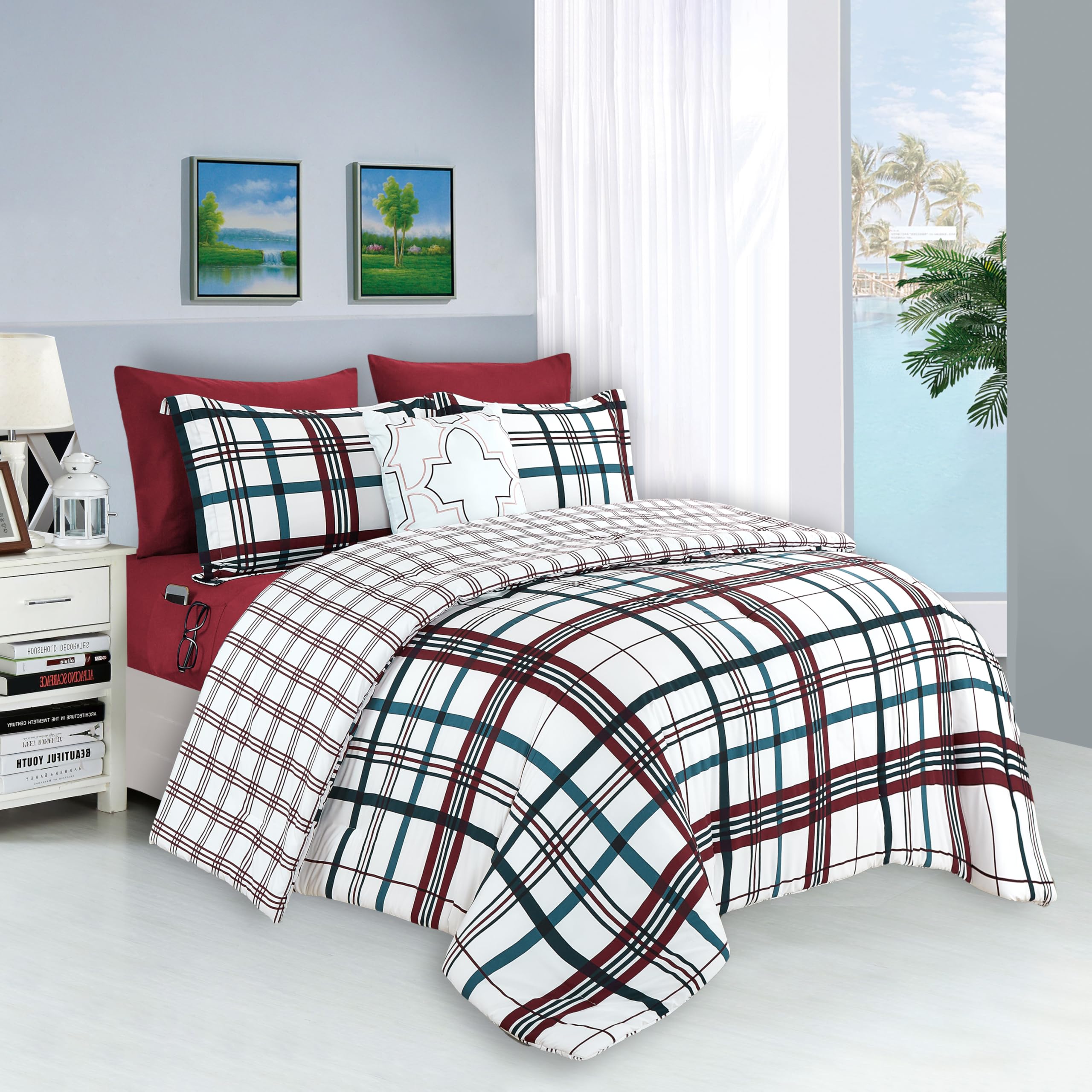 Elegant Comfort Silky Soft 8-Piece Plaid Lodge Bed-In-A-Bag Comforter Set, Includes 4Pc Smart Sheet Set, Comforter, Decorative Pillow, Matching Pillowcases And Shams - Full/Queen, Burgundy