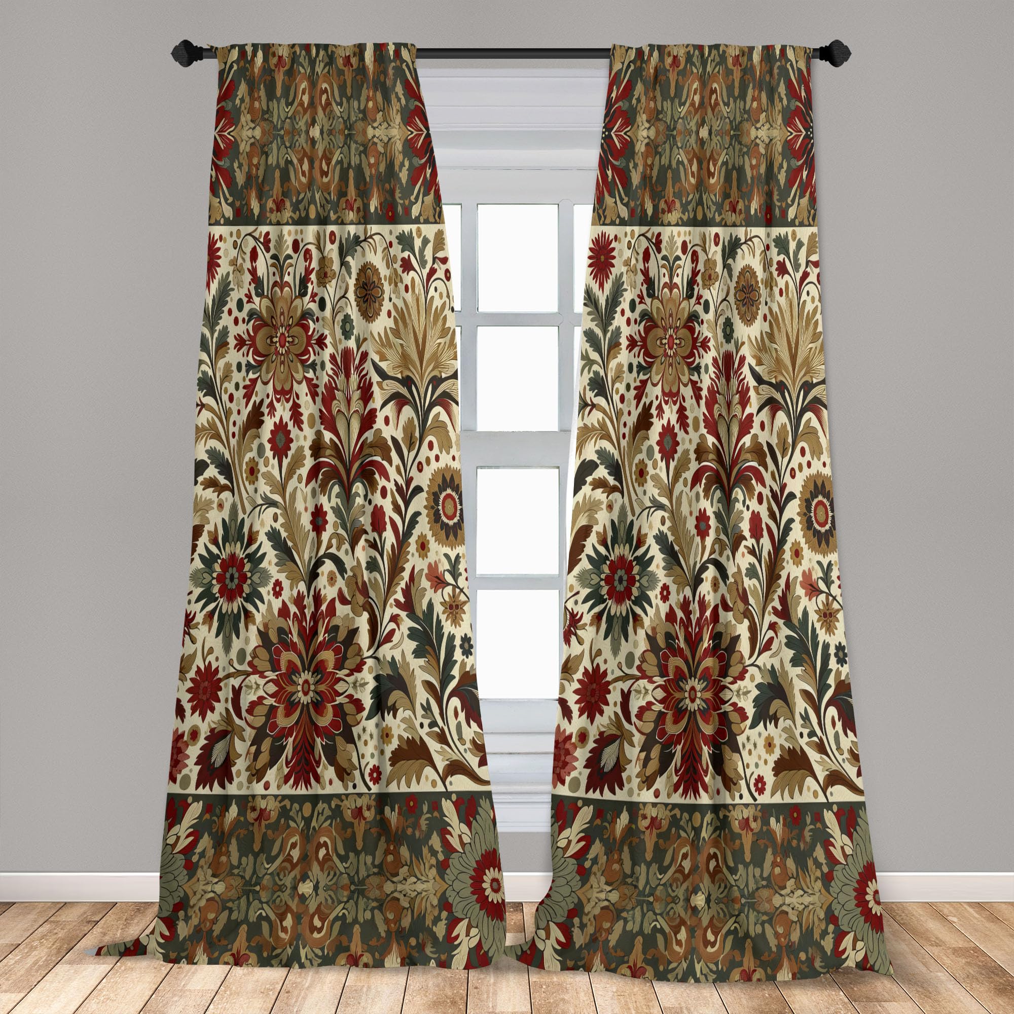 Ambesonne Floral Art Curtains, Ethnic Oriental Curlicue Leaves Greenery With Trippy Flowers Bohemian, Window Treatments 2 Panel