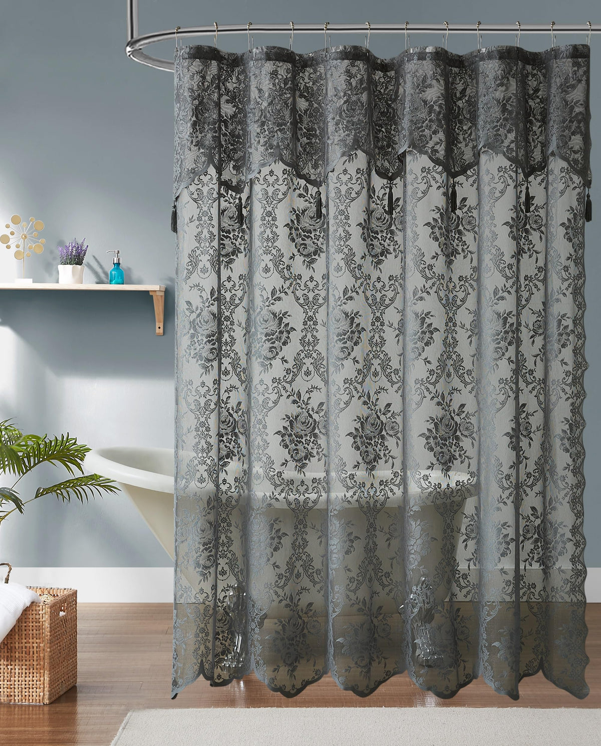 Warm Home Designs Grey Lace Shower Curtain 72 X 72 Inches With Attached Valance & 7 Tassels. Luxury Farmhouse Shower Curtains Fo