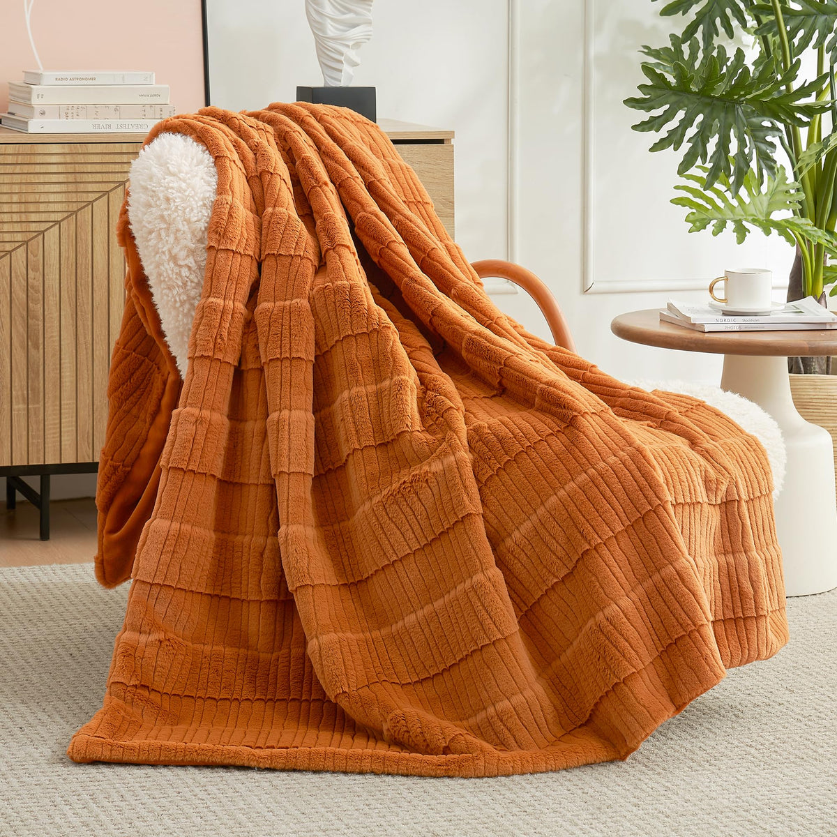 Am?Ie Home Sculpted Stripe Faux Fur Queen Size Bed Blanket, Cozy Soft Fuzzy Fluffy Blankets For Couch, Bed, 88 * 90 Inches, Brow