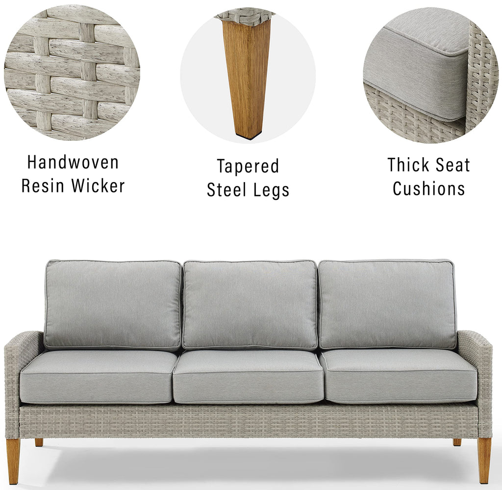 Crosley Furniture Capella Wicker Outdoor Sofa, 3-Person Patio Couch for Porch, Deck, Backyard, Acorn with Gray Cushions
