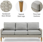 Crosley Furniture Capella Wicker Outdoor Sofa, 3-Person Patio Couch for Porch, Deck, Backyard, Acorn with Gray Cushions