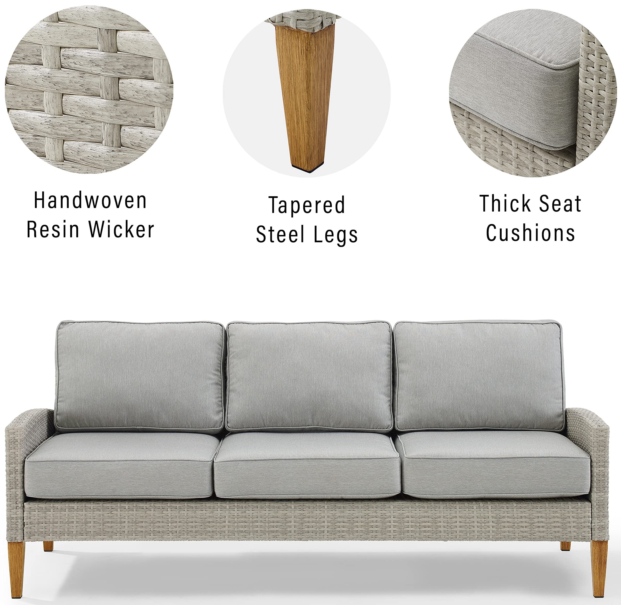 Crosley Furniture Capella Wicker Outdoor Sofa, 3-Person Patio Couch for Porch, Deck, Backyard, Acorn with Gray Cushions