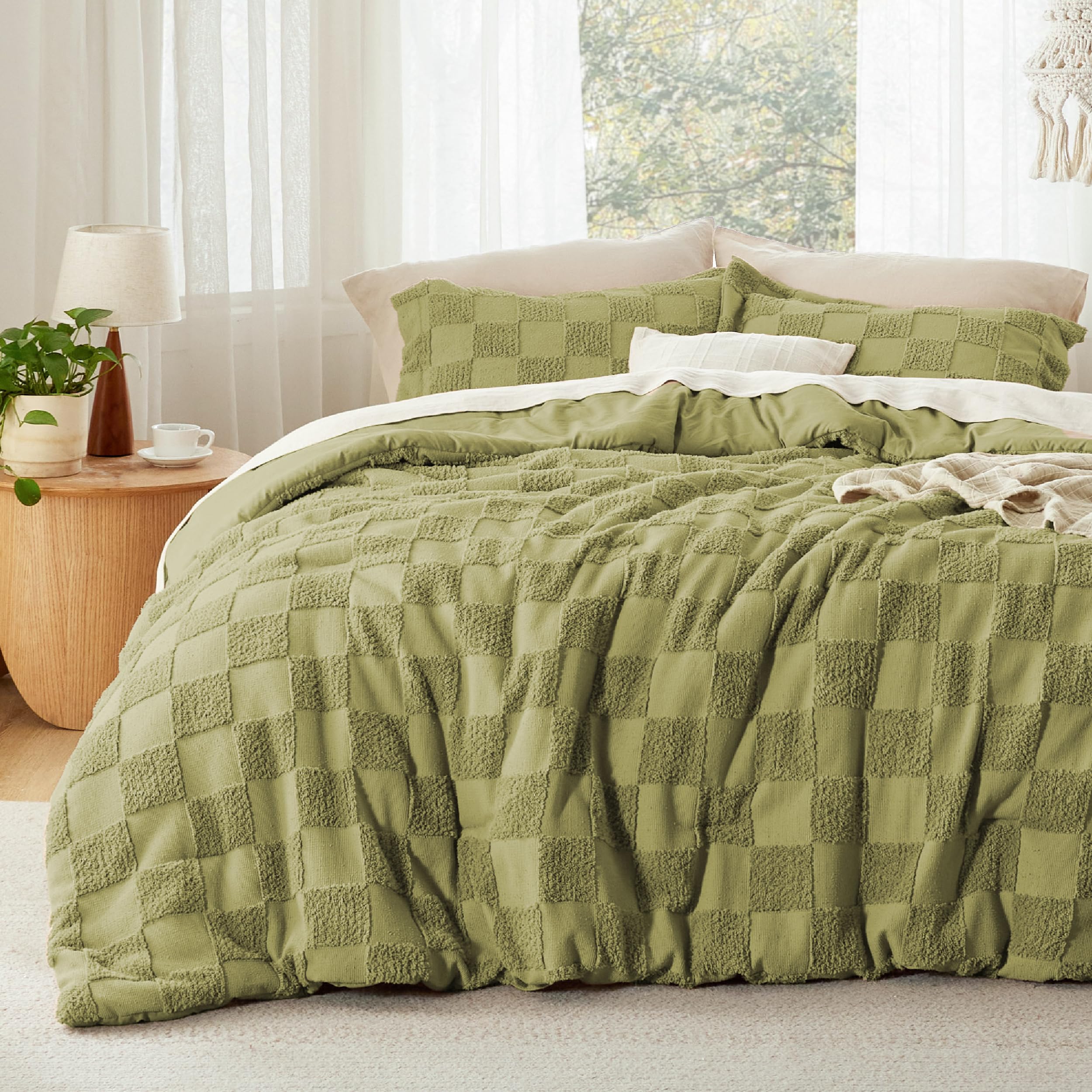 Bedsure Twin/Twin Xl Comforter Set Olive Green, Boho Tufted Bedding Comforter Set, Checkered Farmhouse Shabby Chic Bed Set, 2 Pieces, 1 Plaid Geometric Comforter And 1 Pillow Sham