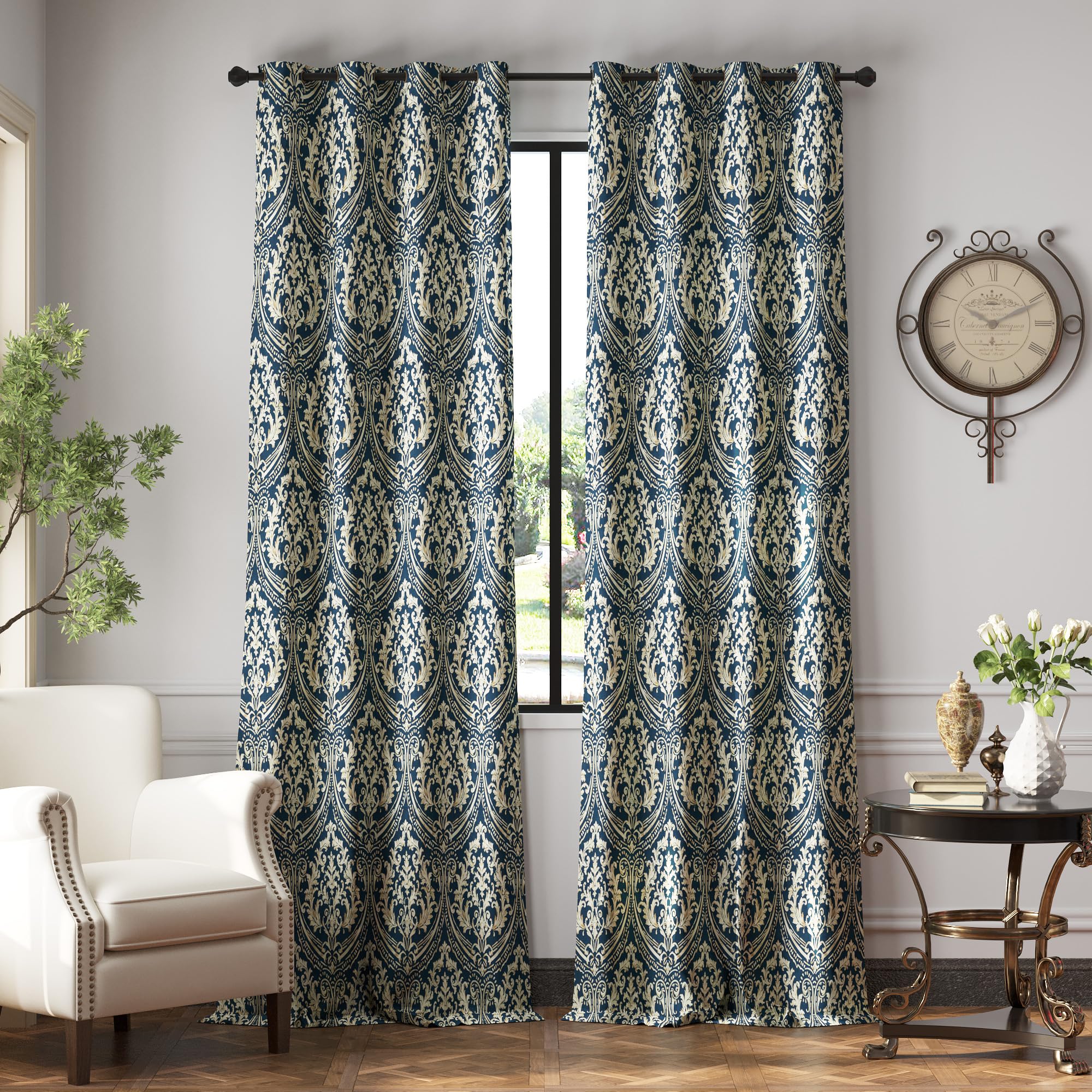 Jinchan 100% Blackout Curtains For Bedroom, Blue Damask Patterned Curtains 96 Inch Length For Living Room, Vintage Medallion Art Deco Drapes, Thermal Insulated Grommet Window Treatments, 2 Panels Blue