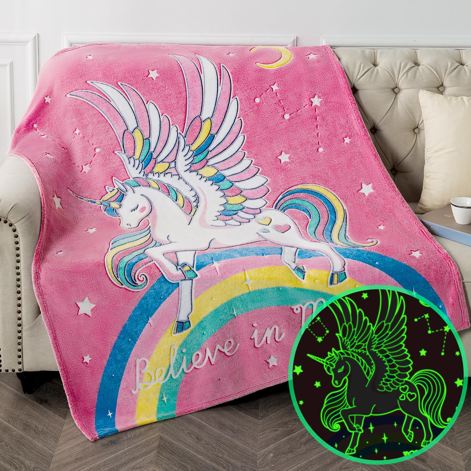 Unicorn Blanket Gifts For Girls Kids - Glow In The Dark Toys Stars Best Christmas Birthday Valentine'S Day Easter Present For To