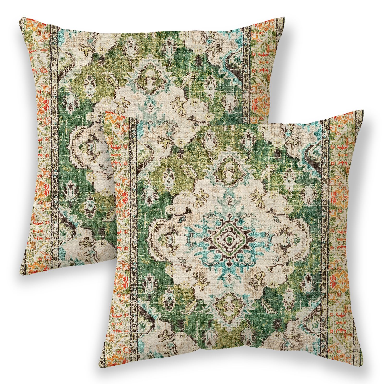 Betginy Boho Pillow Covers 18X18, Olive Green Ethnic Design Outdoor Decorative Throw Pillows For Couch, Carpet Pattern Decor Cushion Cover 2 Pcs Farmhouse Linen Pillowcase For Bed Car Safa