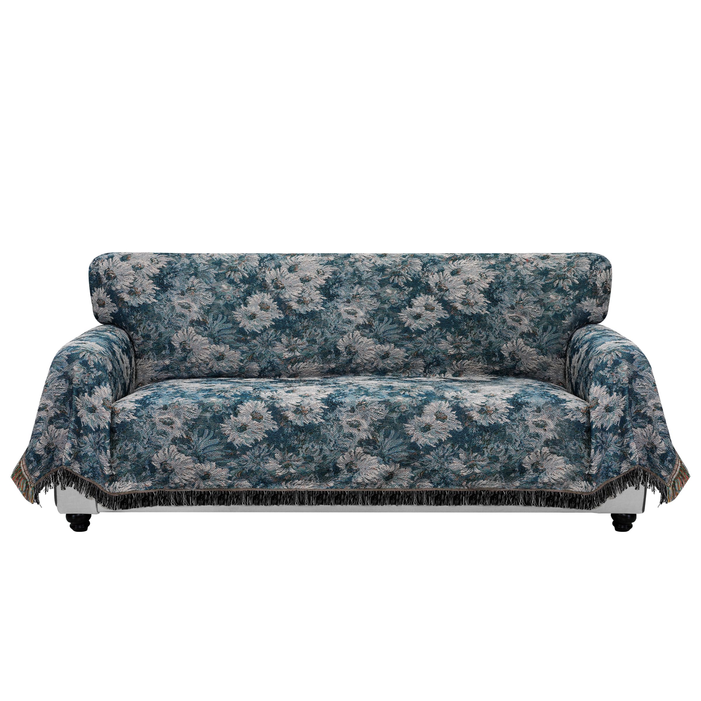 Purefit Geometric Jacquard Throw Sofa Cover - Textured Soft Washable Decorative Couch Covers For 3 Cushion Couch, Throw Cover With Tassels Furniture Protector For Pets (Large, Flower Peacock Blue)