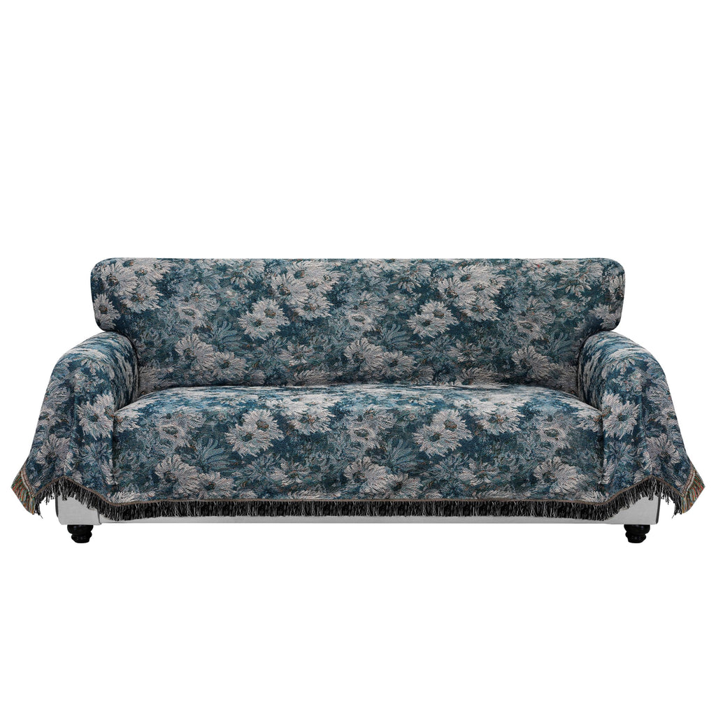 Purefit Geometric Jacquard Throw Sofa Cover - Textured Soft Washable Decorative Couch Covers For 3 Cushion Couch, Throw Cover With Tassels Furniture Protector For Pets (Large, Flower Peacock Blue)