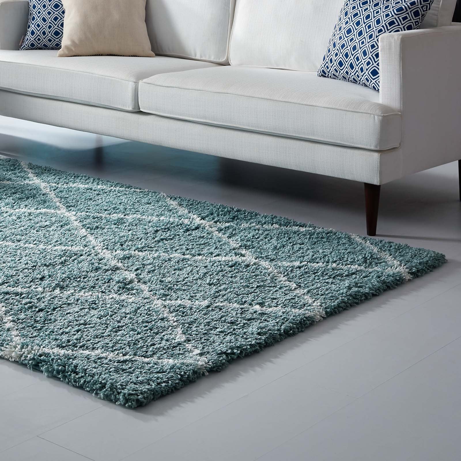 Modway Toryn Diamond Trellis 8X10 High Pile Shag Area Rug In Aqua Blue And Ivory
