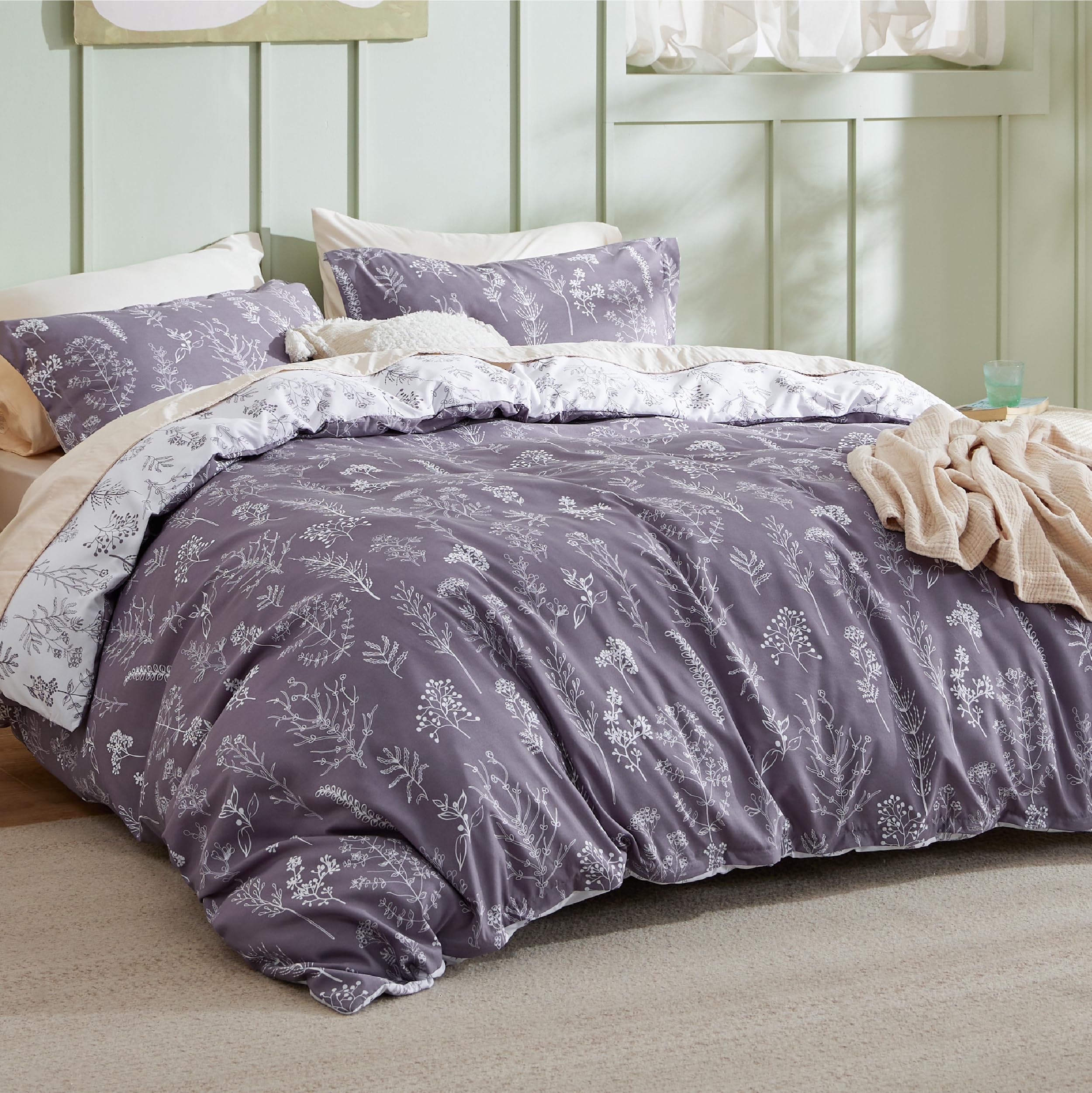Bedsure Duvet Cover King Size - Reversible Grayish Purple Duvet Cover Set With Zipper Closure, Cute Floral Bedding Comforter Cover, 3 Pieces, 1 Duvet Cover 104'X90' And 2 Pillow Shams 20'X36'