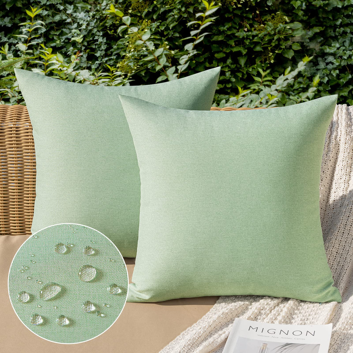 Miulee Pack Of 2 Decorative Sage Green Outdoor Solid Waterproof Throw Pillow Covers Polyester Linen Garden Farmhouse Cushion Cas