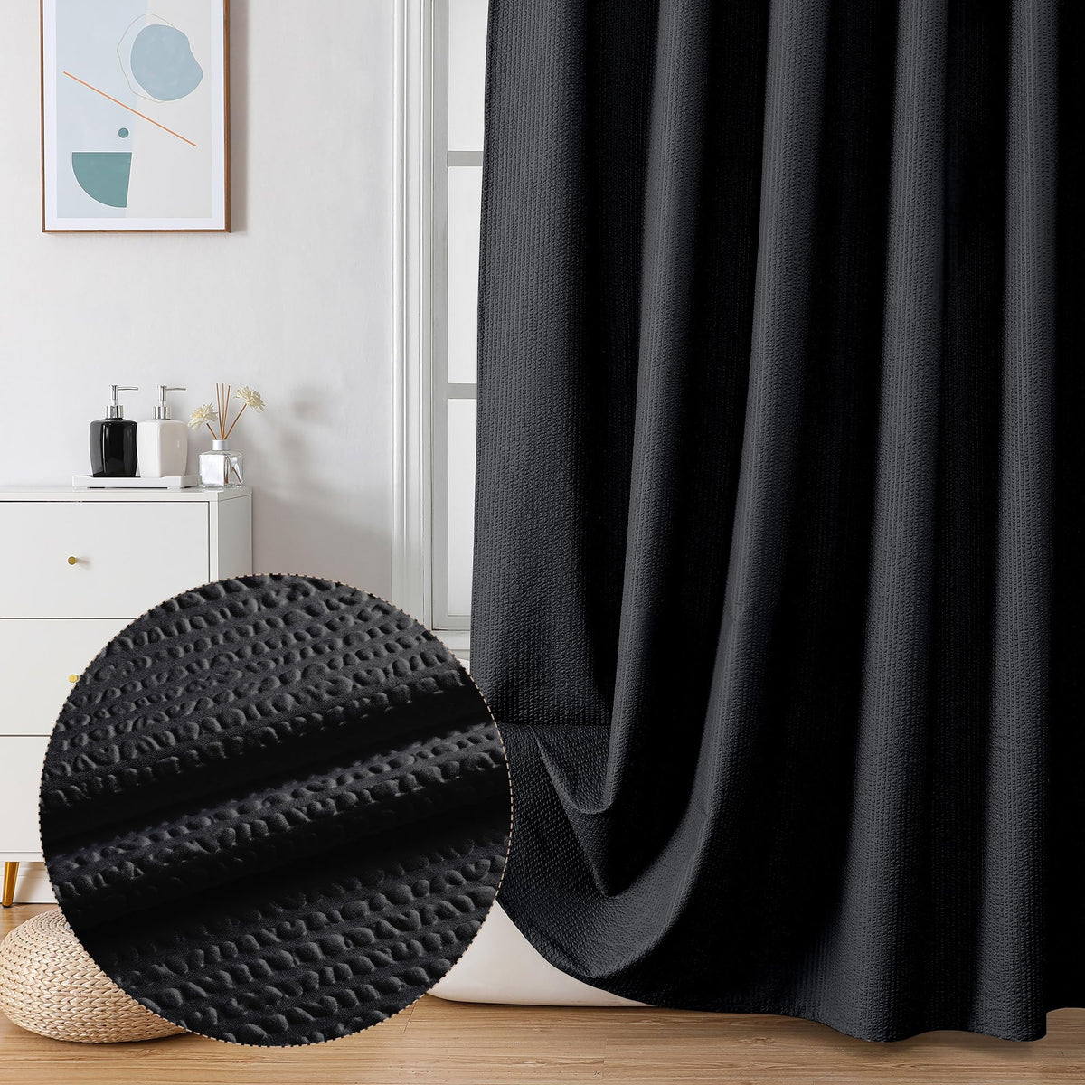 OVZME Berry 78 Inch Shower Curtain Set with 12 Plastic Hooks, 3D Embossed Fabric Black Shower Curtain for Bathroom - Long Shower
