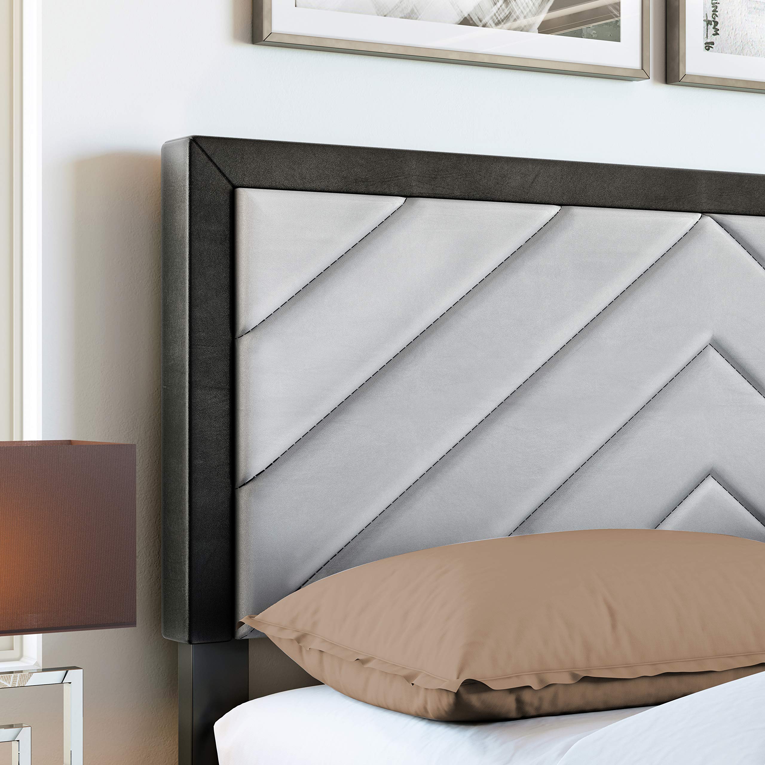 Boyd Sleep Arden Upholstered Platform Bed with Headboard, Mattress Foundation with Strong 14 Wood Slat Supports, No Box Spring Required, Black and Gray Faux Leather, Size King