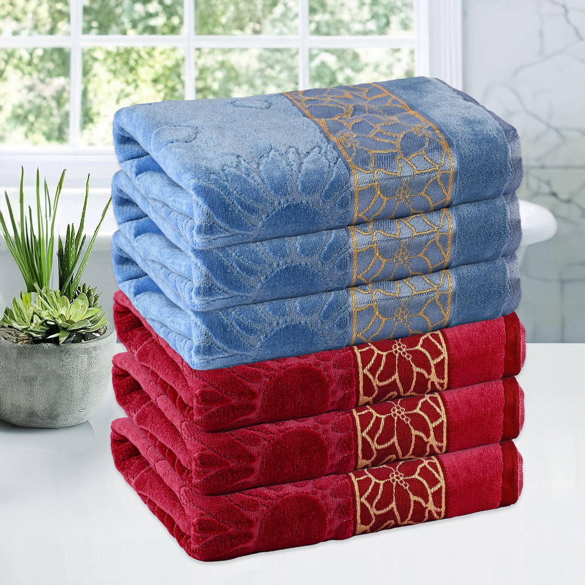 Urbane Home Pack of 6 Soft Cotton Bathing Towel for Men/Women | 450 GSM Fade/Wrinkle Resistant Towels | 30x60 Inches  Velvet Ma