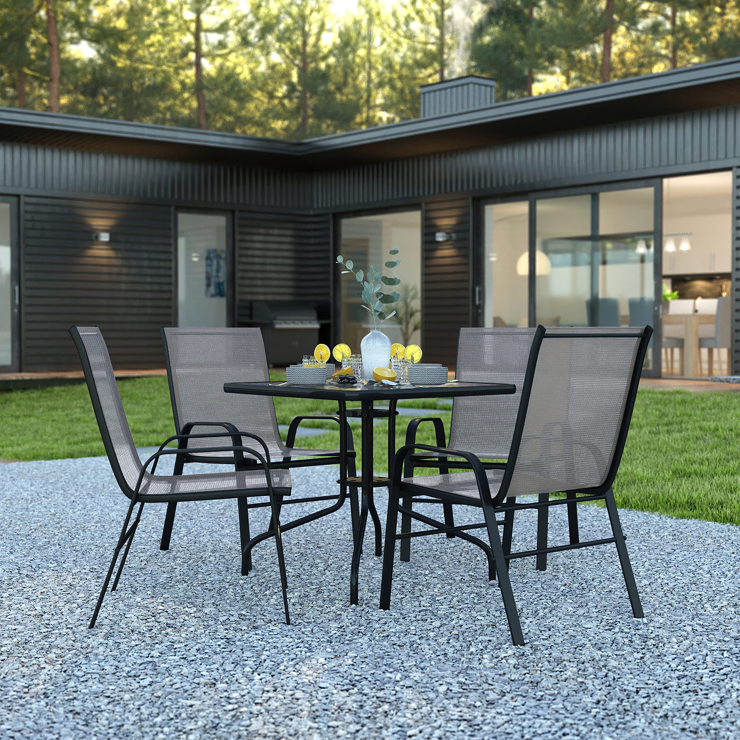 Flash Furniture Brazos 5 Piece Outdoor Patio Dining Set - 4 Gray Flex Comfort Stack Chairs - 31.5&Quot; Square Tempered Glass Patio Table