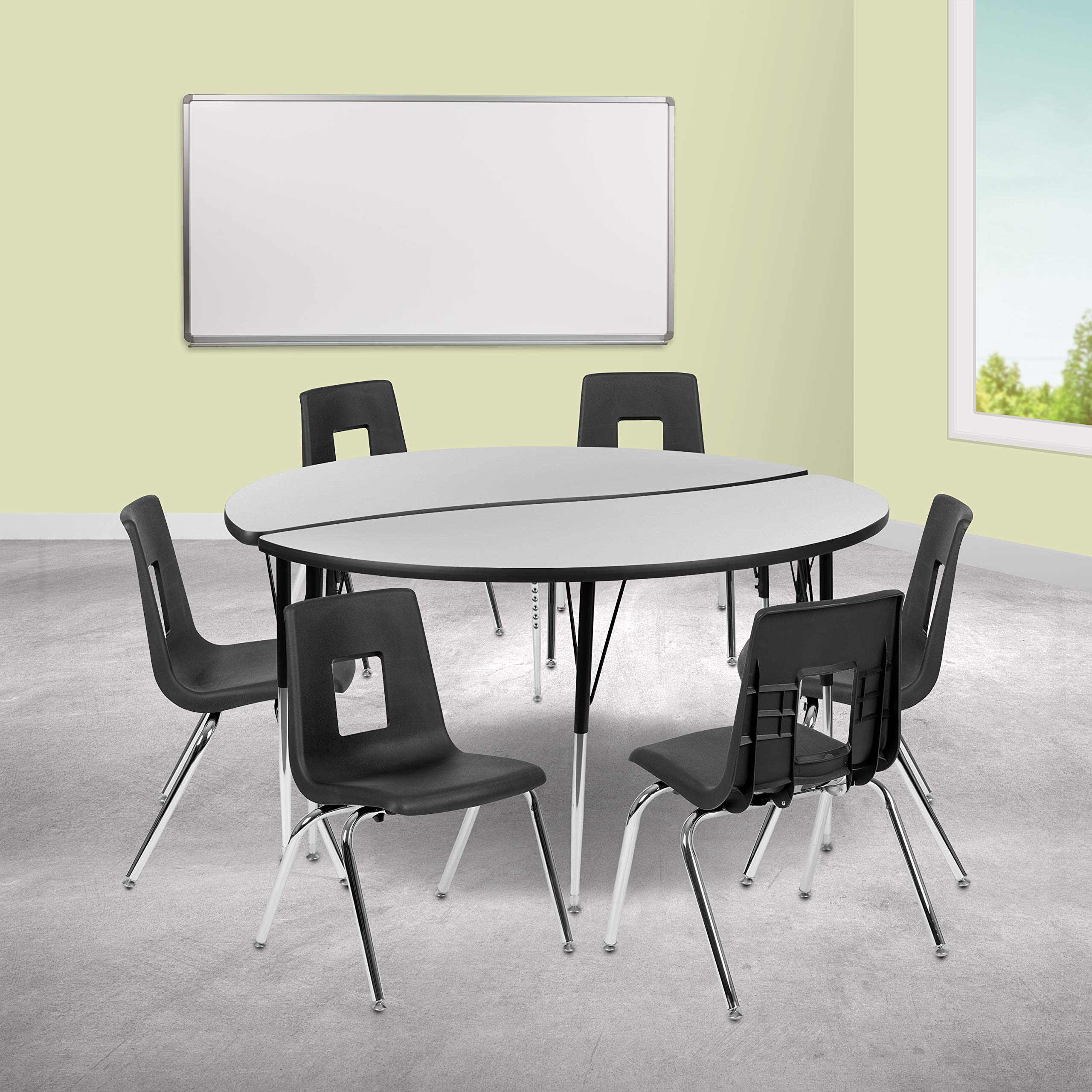 Flash Furniture 60' Circle Wave Collaborative Laminate Activity Table Set With 18' Student Stack Chairs, Grey/Black