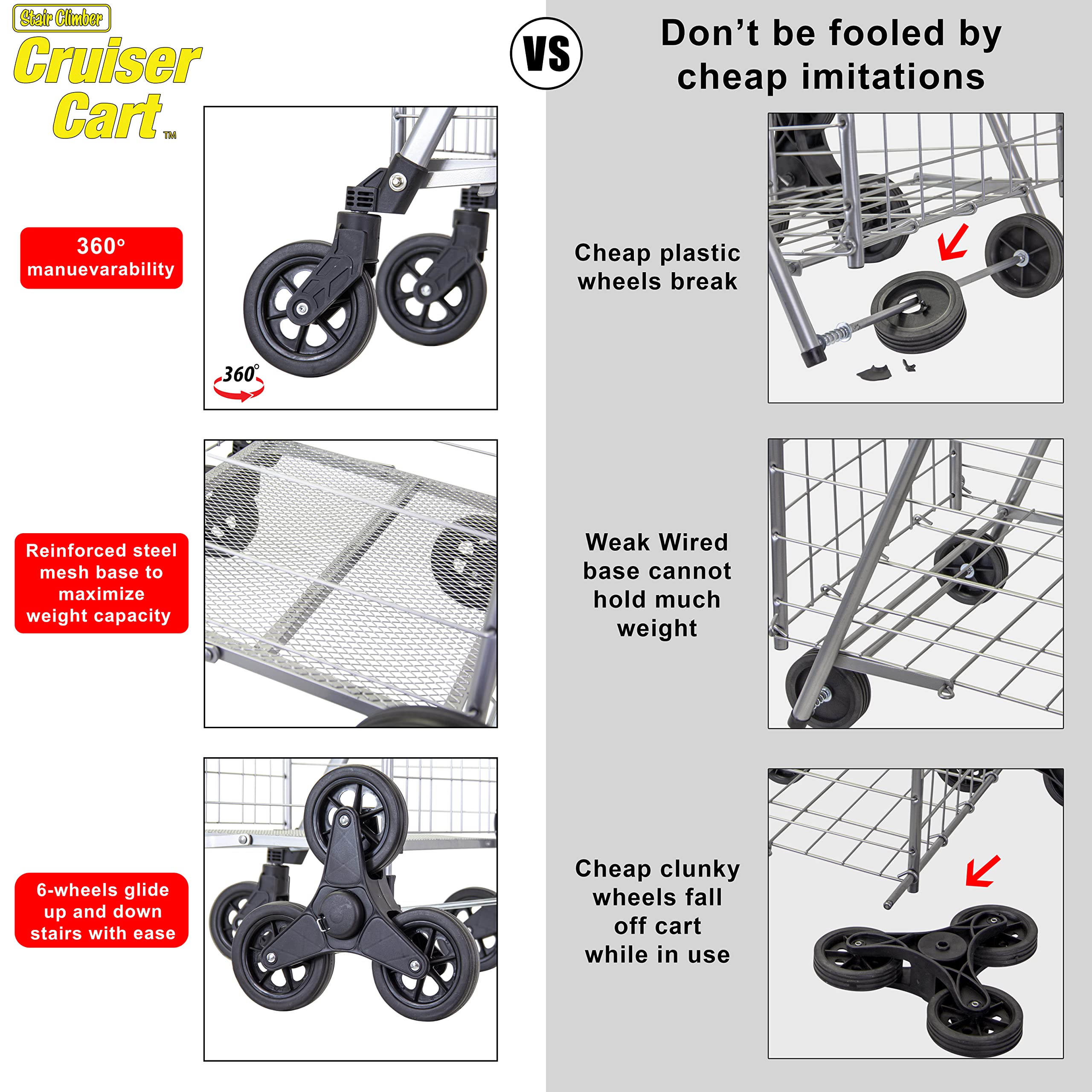 Dbest Products Stair Climber Cruiser Cart Shopping Grocery Rolling Folding Laundry Basket On Wheels Foldable Utility Trolley Compact Lightweight Collapsible, Silver