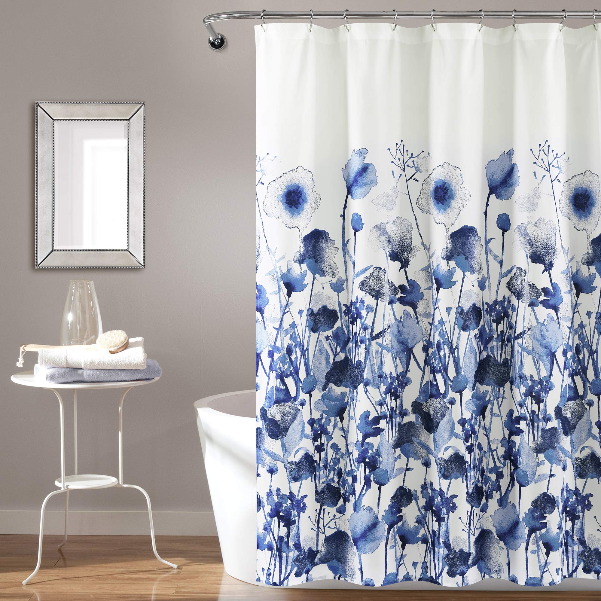 Lush Decor X 72   , Navy Zuri Flora Shower Curtain-Fabric Watercolor Floral Print Design