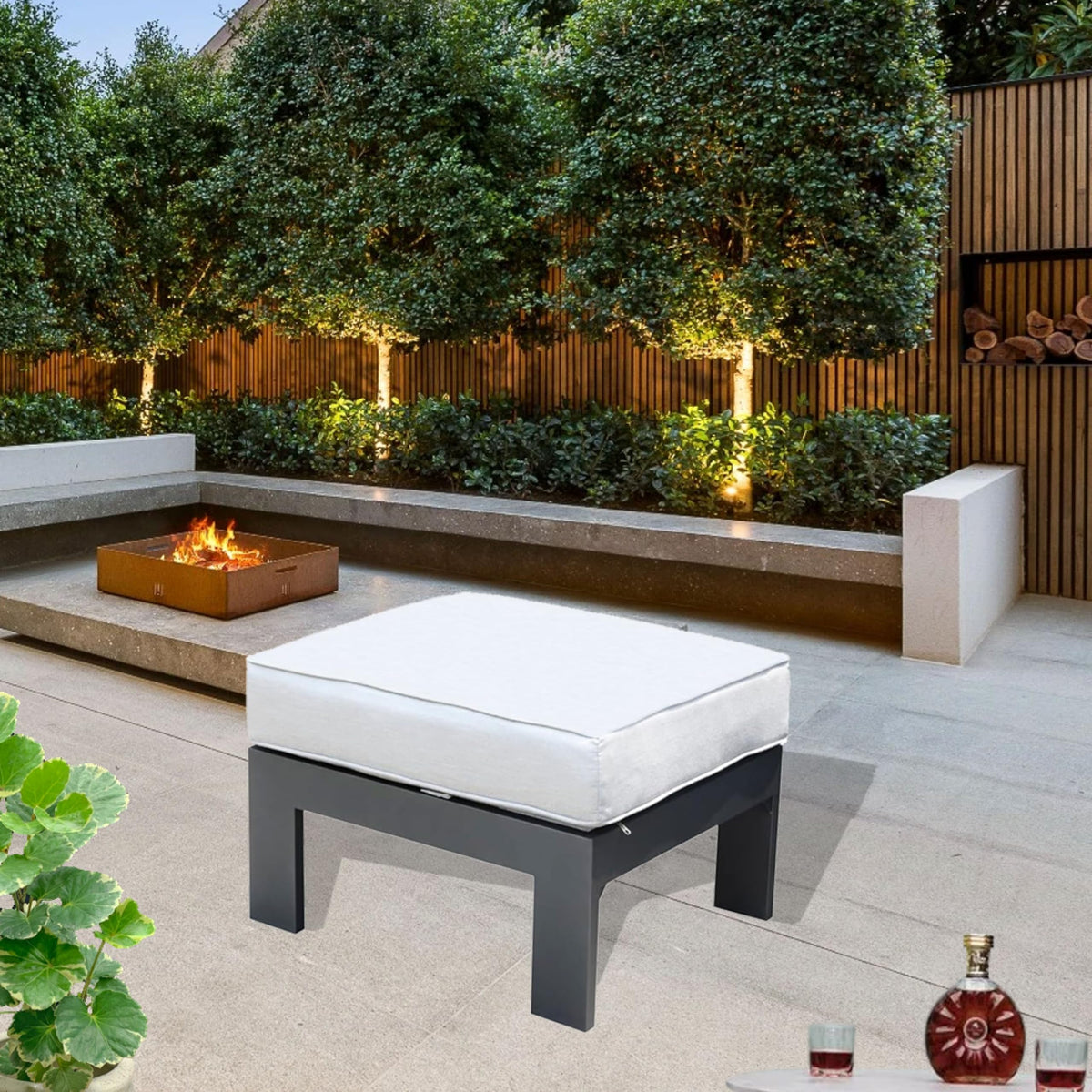 Ipatio Marativa Premium Outdoor Patio Furniture: Modern Ottoman With Olefin Fabric Cushion, Durable, Uv-Resistant Outdoor Footstool For Lawn, Garden, And Backyard. (Taupe, Wood Grained)
