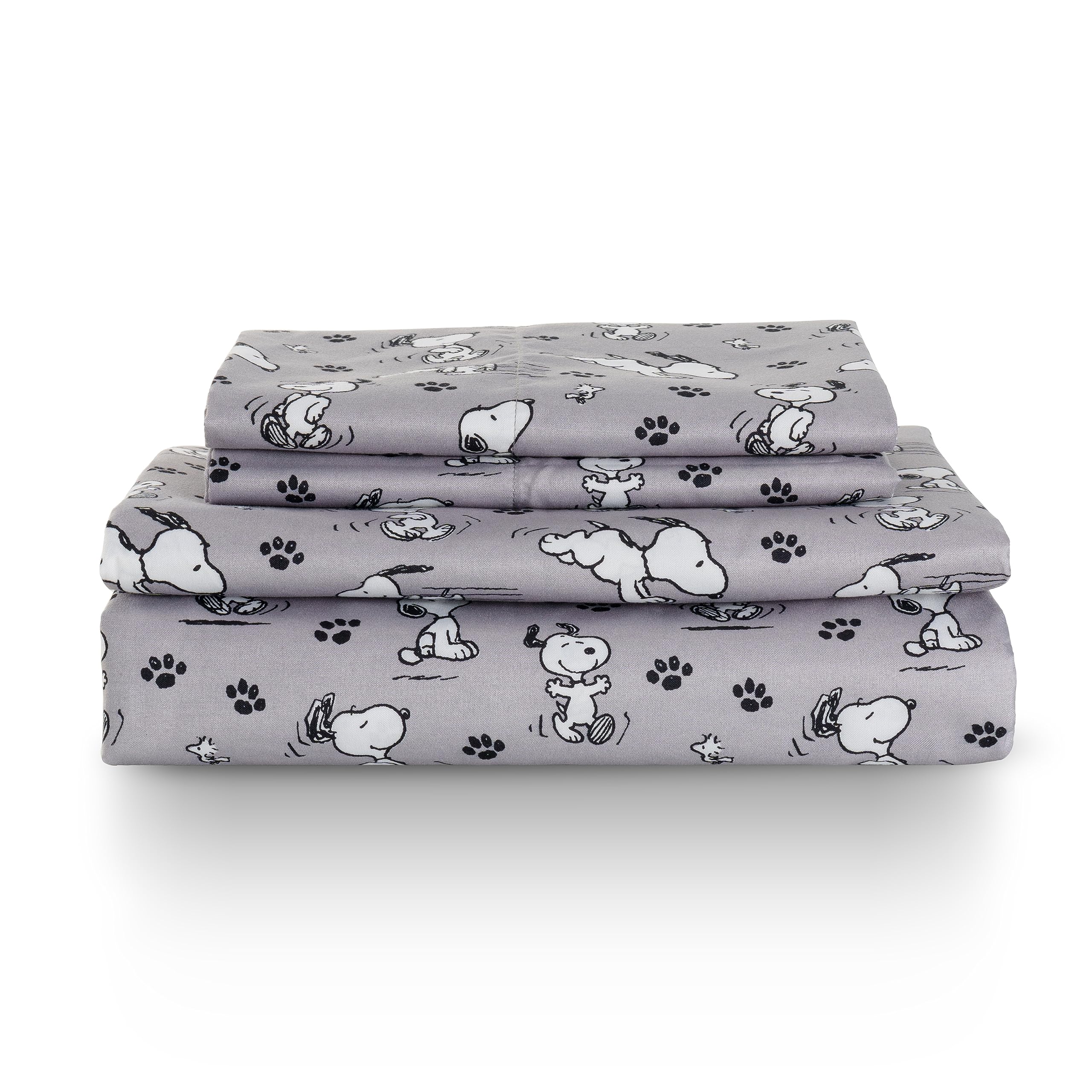 Berkshire Blanket Peanuts Kids Sheet Set, Full Size - 4 Pieces, Peanuts Mini Poses And Paws Grey, Cute Character Snoopy Printed
