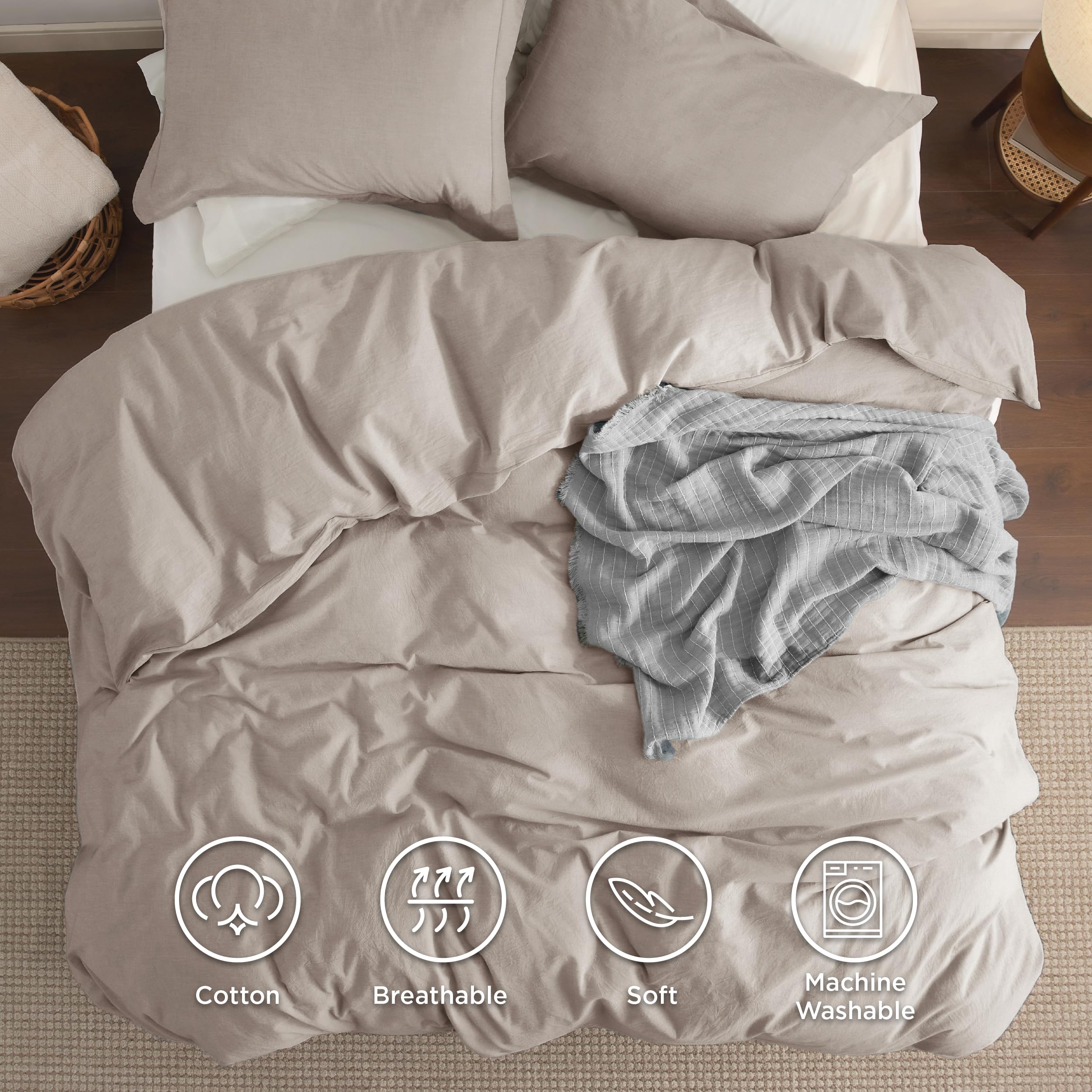 Bedsure 100% Washed Cotton Duvet Cover Full Size - Linen Grey Minimalist Cotton Duvet Cover Linen Like - 3 Pieces Gentlesoft™ Plain Simple Bedding Set With 2 Pillow Shams (Linen Grey, Full, 80'X90')