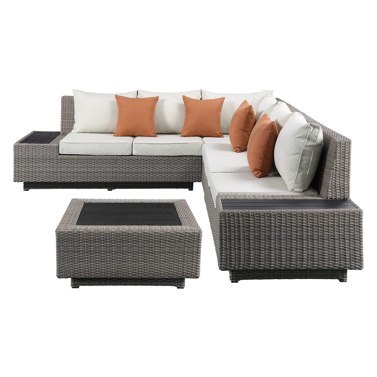 HomeRoots Synthetic Wicker, Aluminu 126&quot; X 100&quot; X 30&quot; Beige Fabric and Gray Wicker Patio Sectional and Cocktail Table