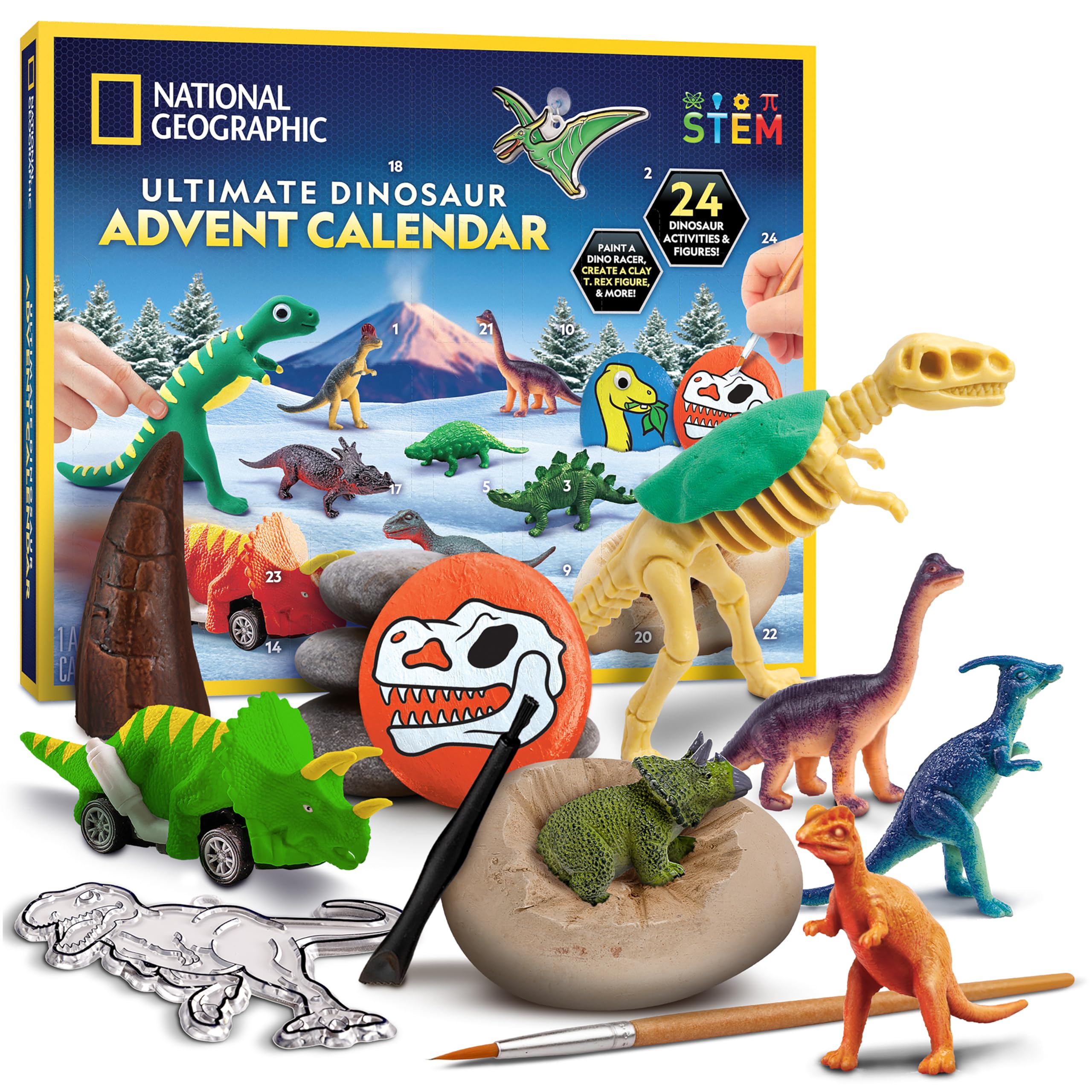 NATIONAL GEOGRAPHIC Dinosaur Advent Calendar 2024 - Christmas Countdown Calendar with 24 Dino Activities & Figures, Paint A Dino