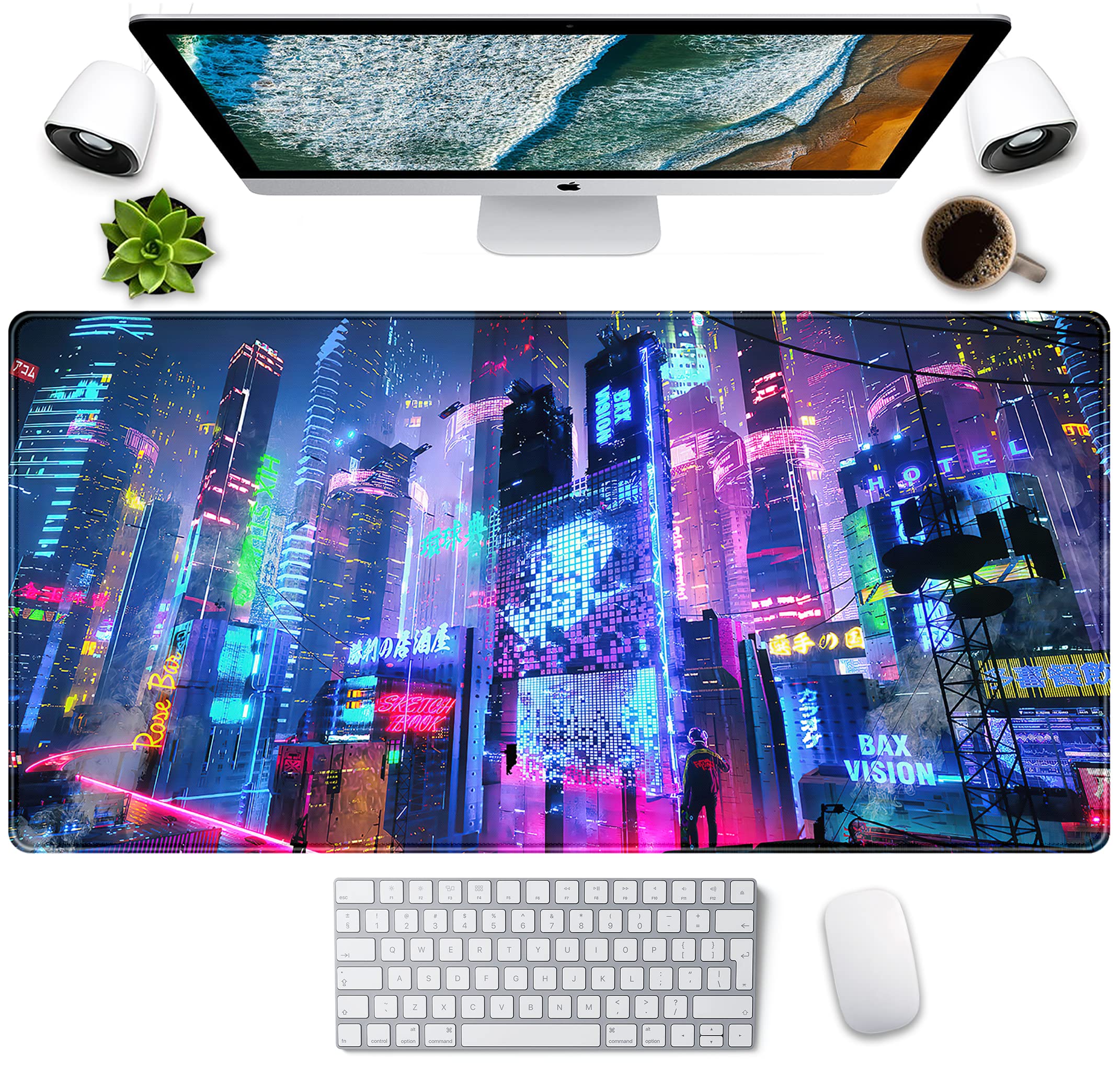 Japanese Street Desk Mat Futuristic Neon City Print Mouse Pad, Exclusive Desk Mats, Xxl Large Gaming Mousepad 31.5'X15.75', Of