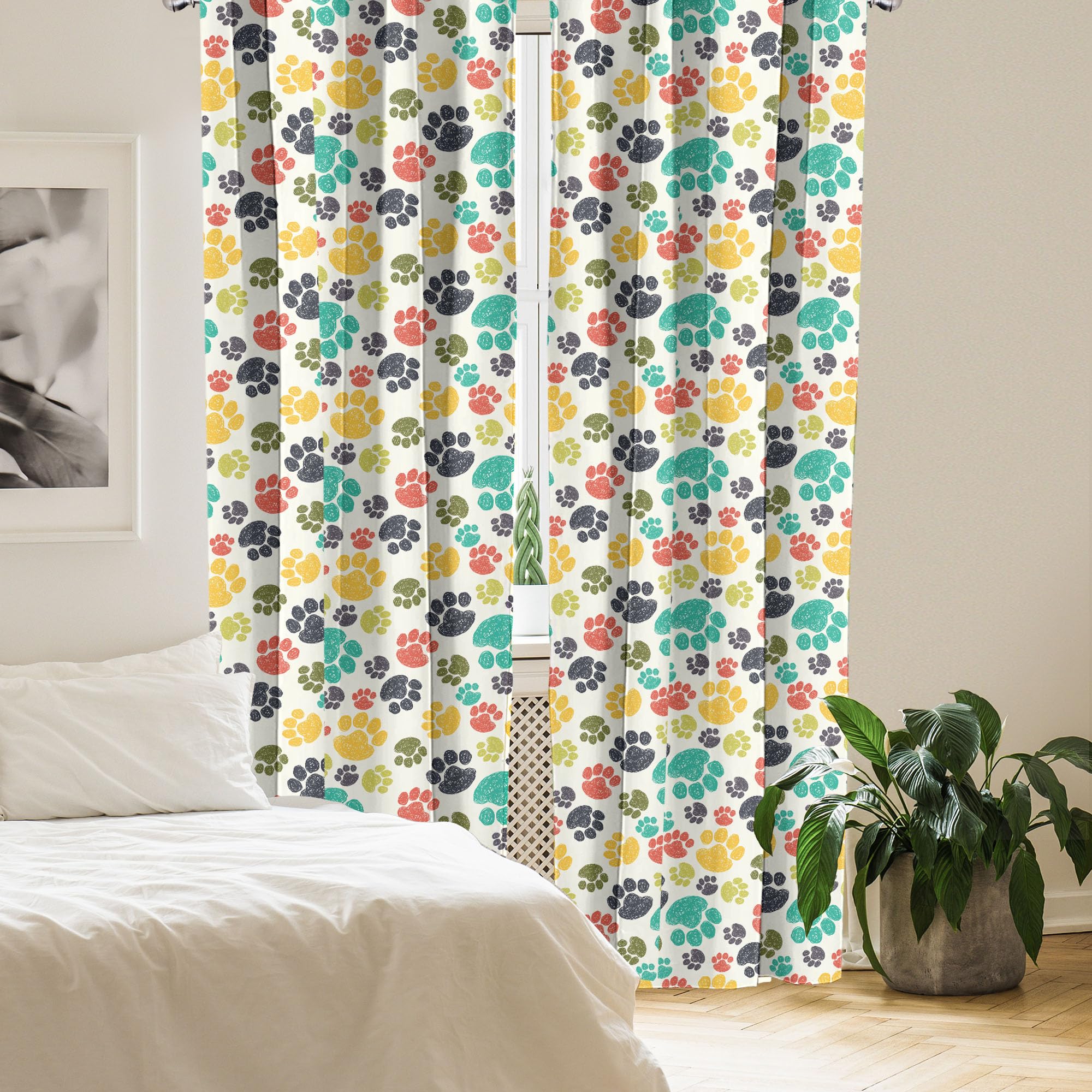 Ambesonne Dog Lover Curtains, Hand Drawn Paw Print Doodles Circular Pattern Drawing Style Animal, Window Treatments 2 Panel Set