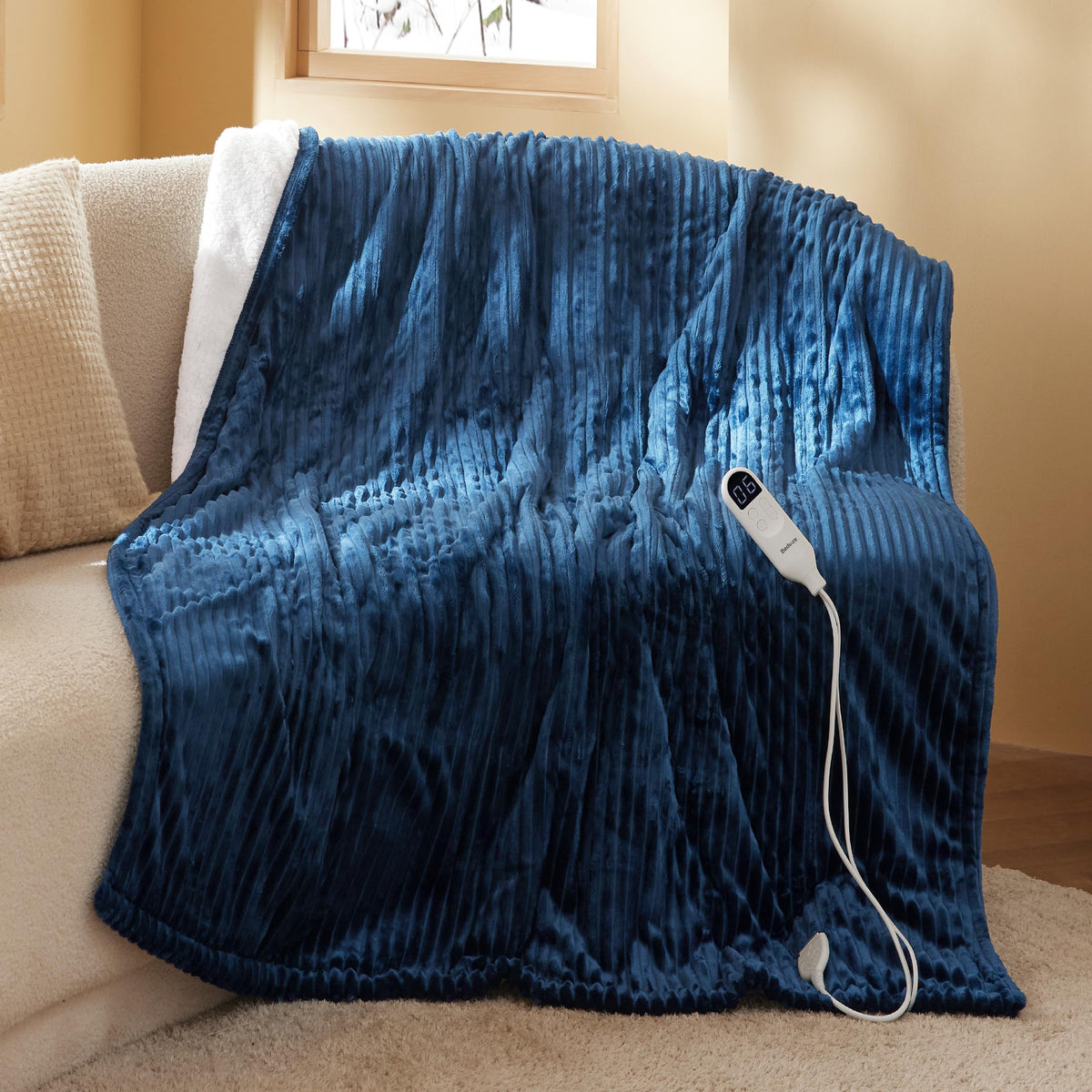 Bedsure Heated Blanket Electric Throw - Soft Ribbed Flannel Electric Blanket, Heating Blanket With 4 Time Settings, 6 Heat Setti