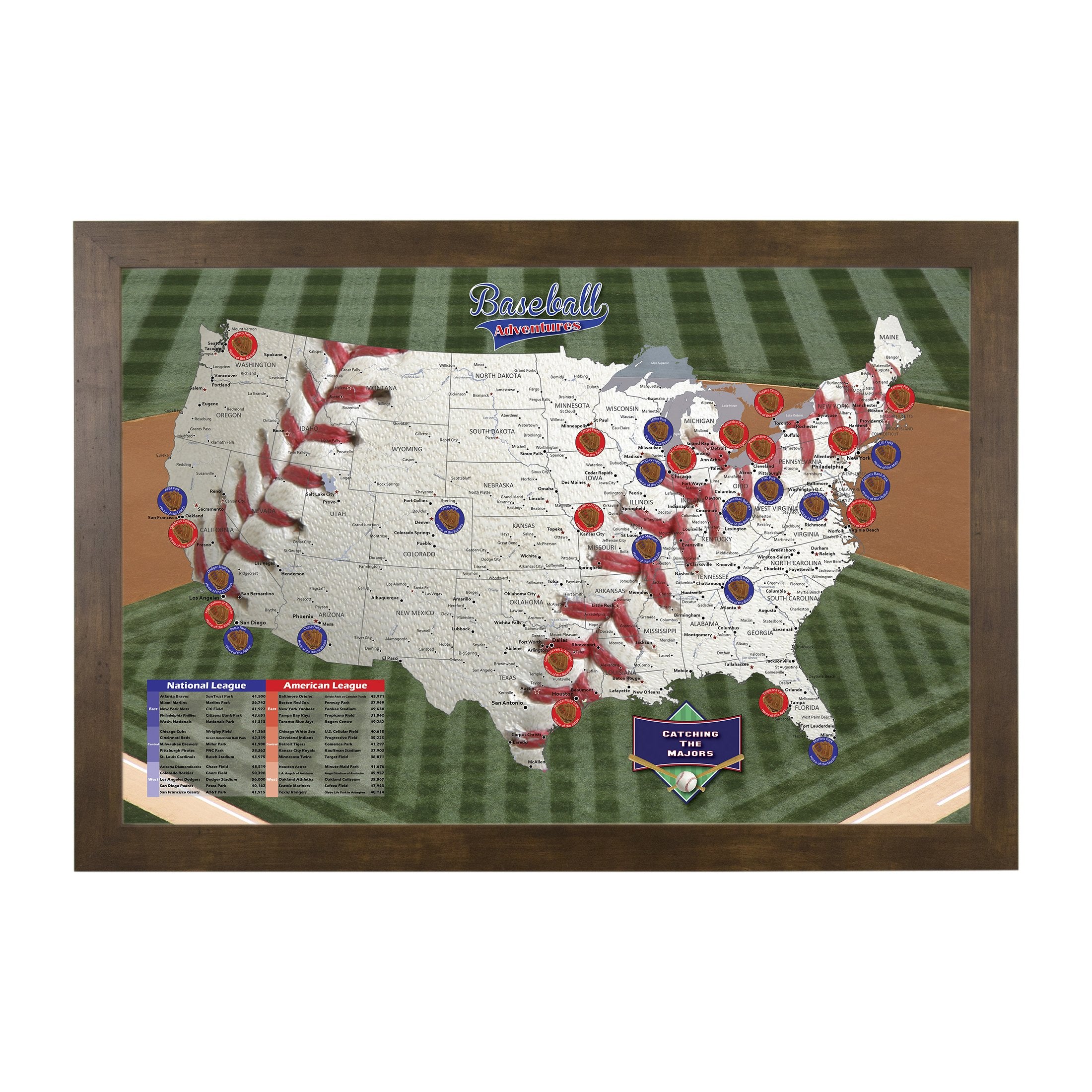 Push Pin Travel Maps Customizable Wall Art - Baseball Adventures - Rustic Brown - Framed Pin Map, Includes 150 Pins - Handcrafte