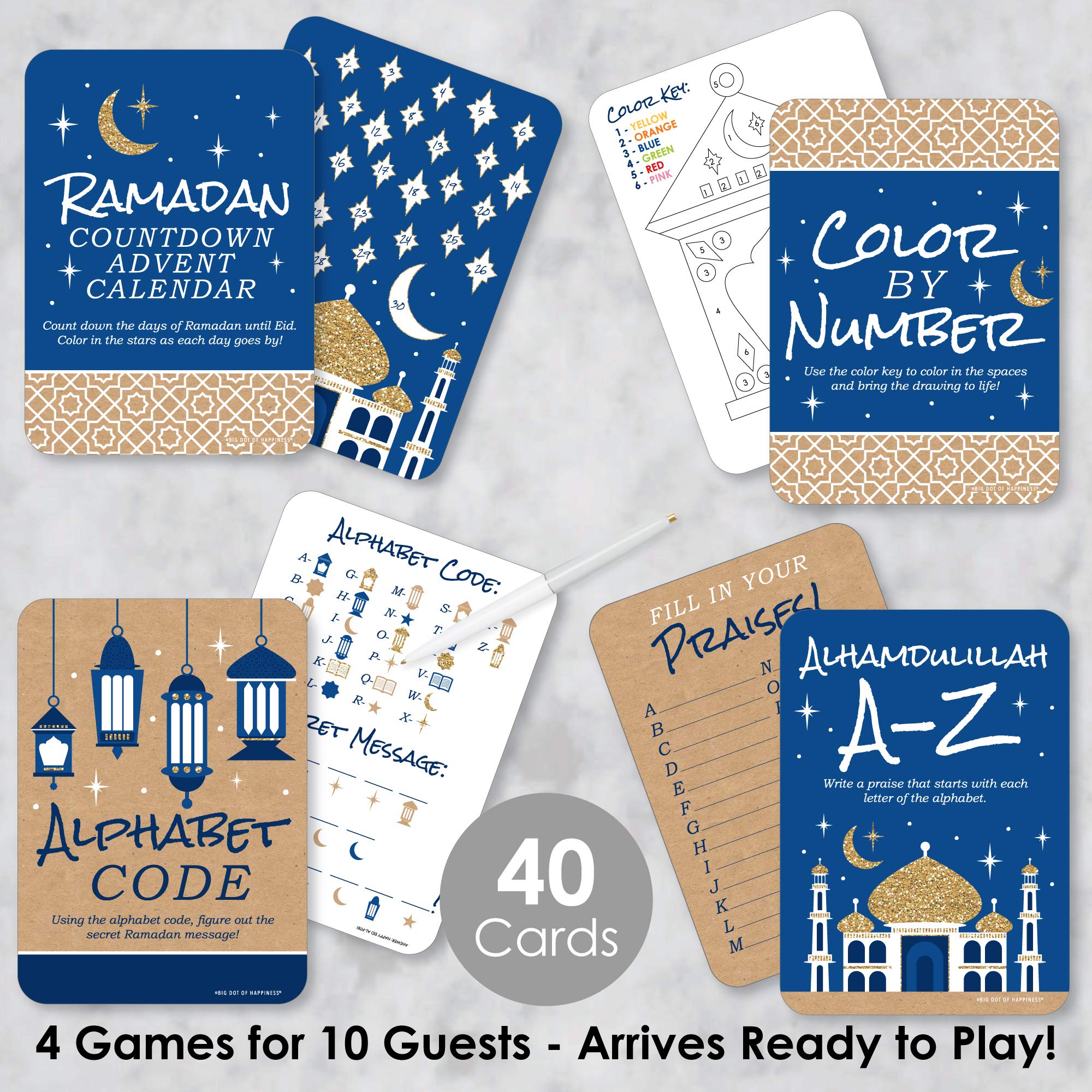 Big Dot Of Happiness Ramadan - 4 Eid Mubarak Party Games - 10 Cards Each - Countdown Advent Calendar, Alhamdulillah A-Z, Alphabe