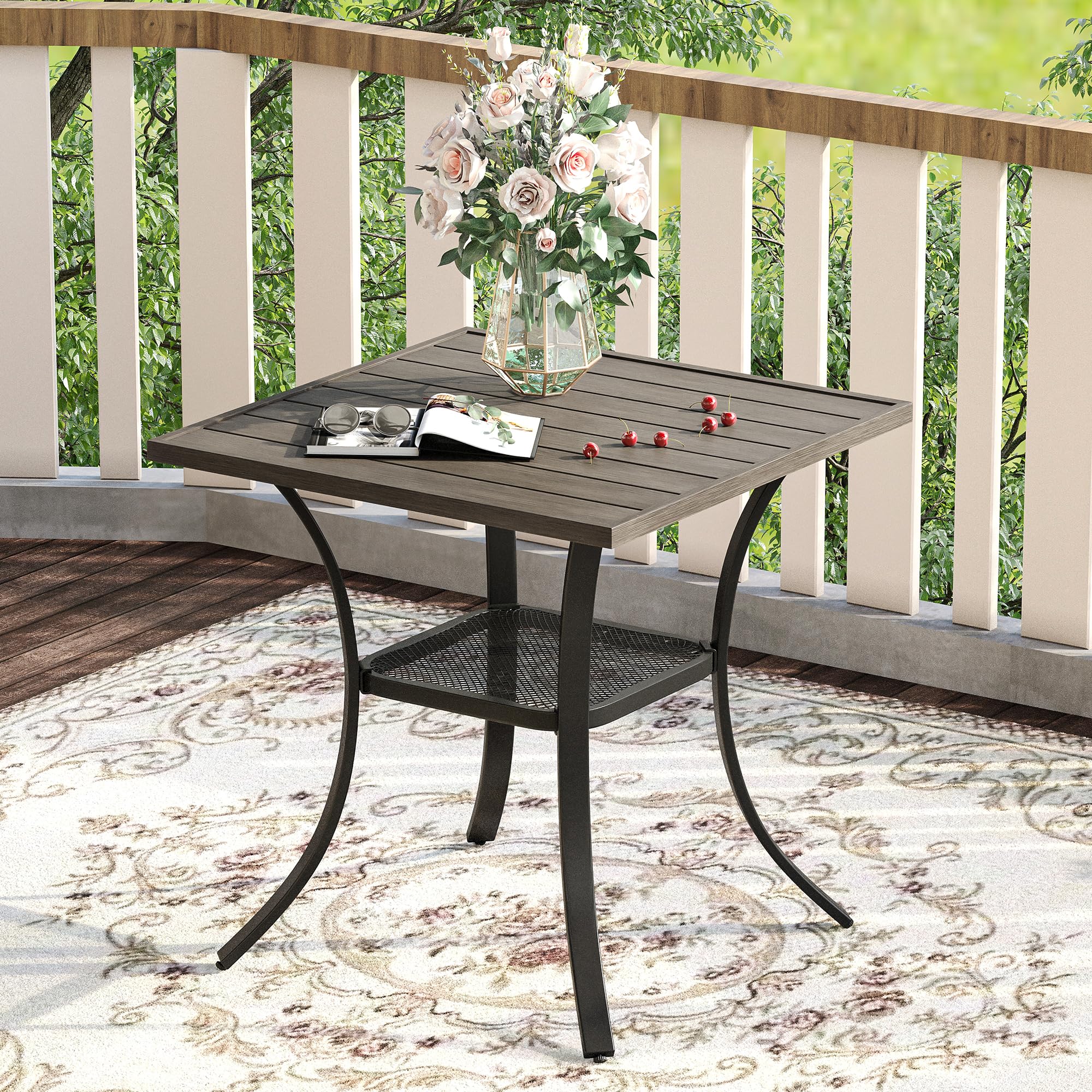 Vicllax Small Square Outdoor Patio Table, All Weather Metal Outdoor Dining Table For Lawn Garden, 27.5'X 27.5' Patio Bisto Table For Outside, Grey Wood-Like Tabletop