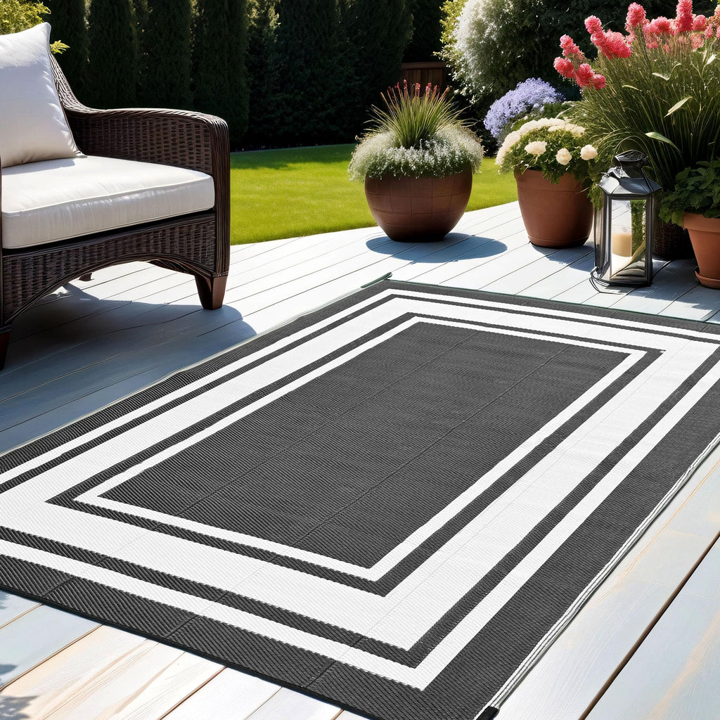 Rurality Outdoor Rugs 6X9 Waterproof For Patios Clearance,Plastic Straw Mats For Backyard,Porch,Deck,Balcony,Reversible,Black And White