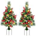 GUOOU Set of 2 Pathway Christmas Tree Urn Filler, Lighted Artificial Mini Xmas Trees with Lights, Outdoor Christmas Decorations 
